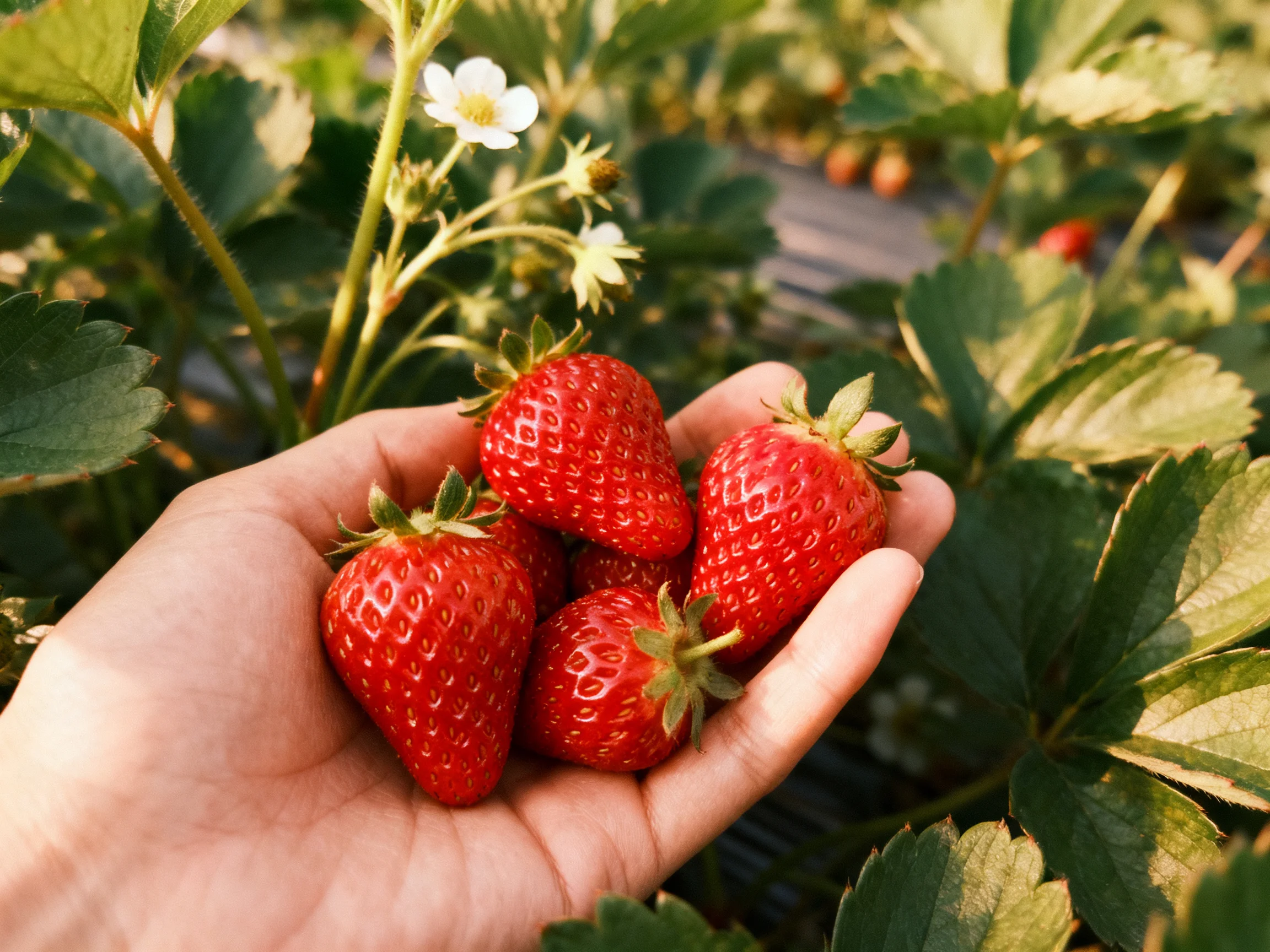 Four plump red strawberries held in a hand near green foliage