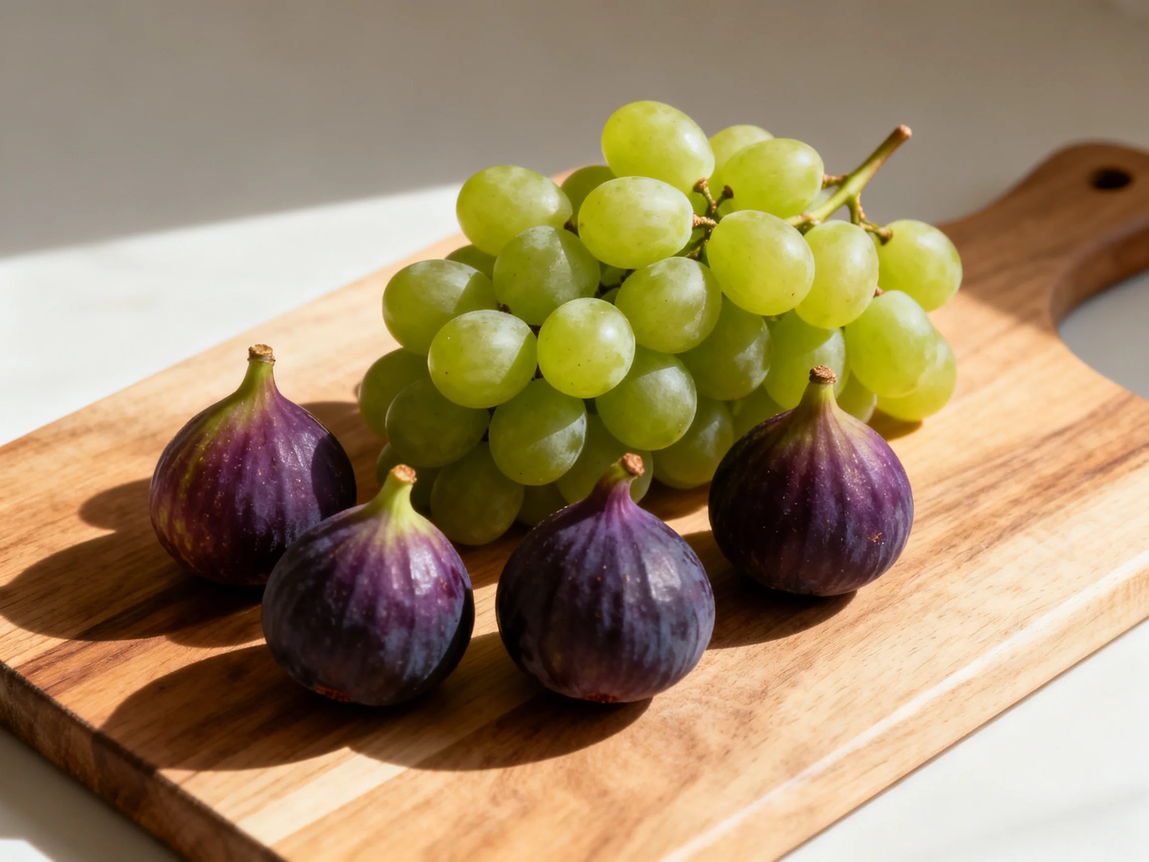 Four purple figs and a cluster of green grapes on a wooden cutting board