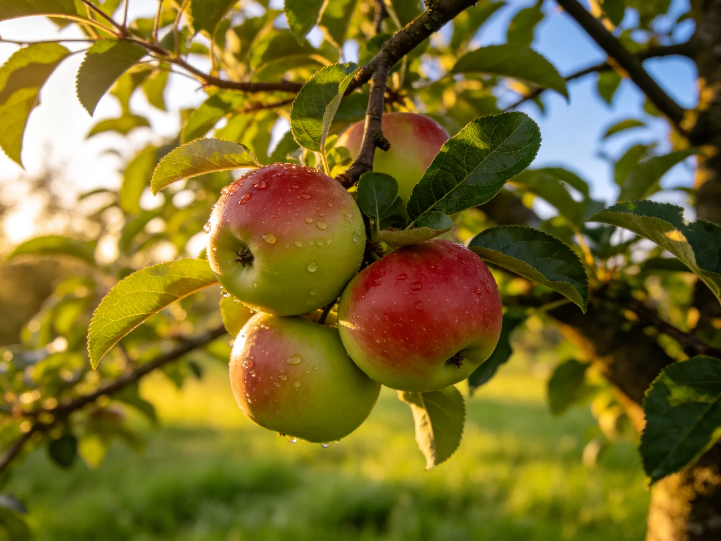 Four red and green apples with water droplets on a tree branch