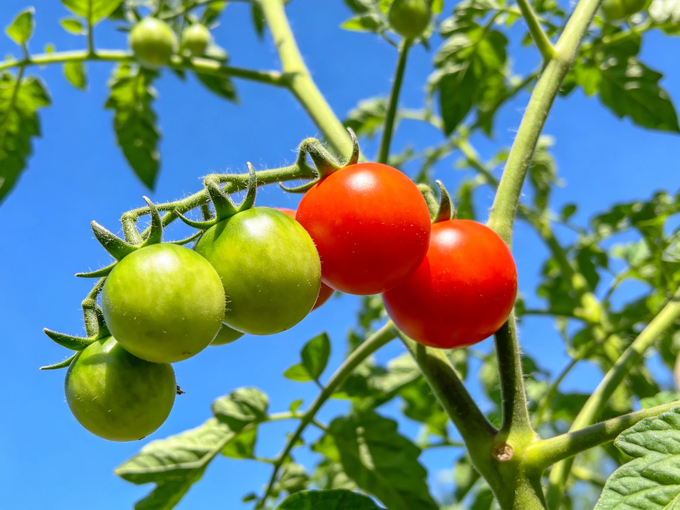 Four red and three green cherry tomatoes grow on a vine against a clear blue sky