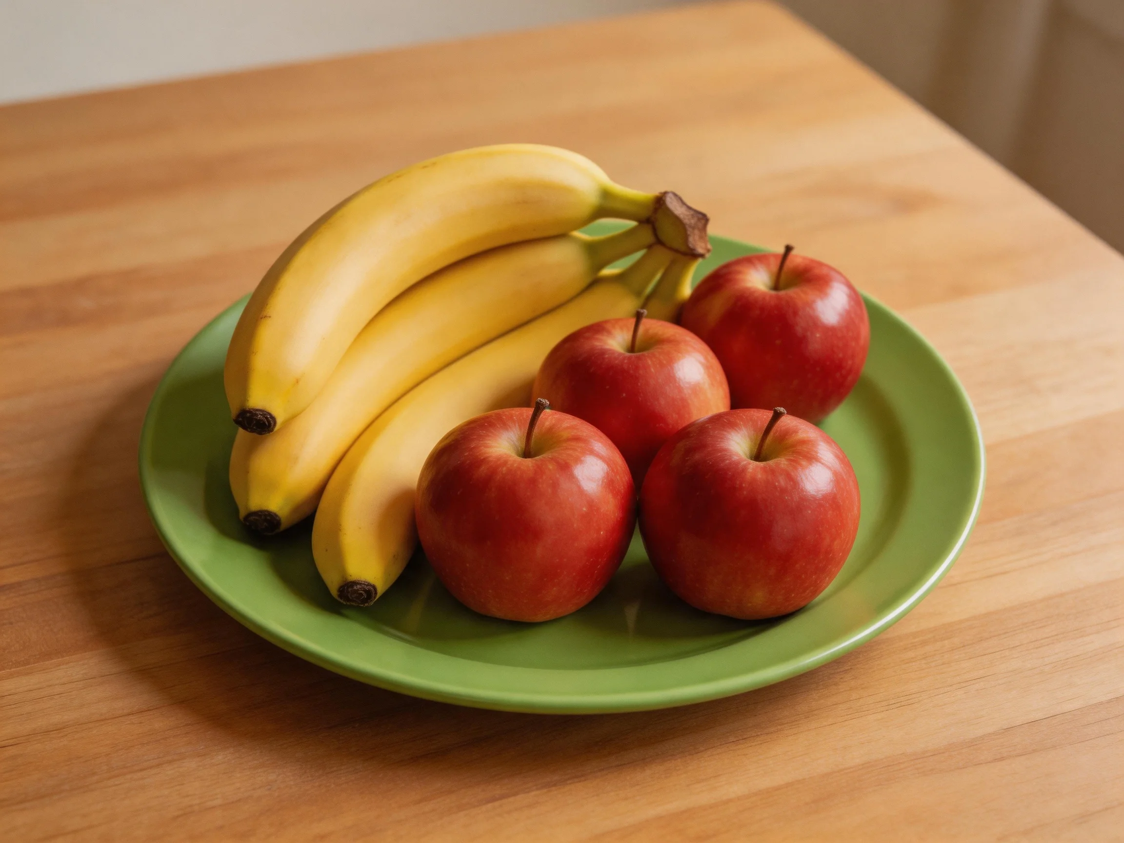 Four red apples and three yellow bananas on a green plate