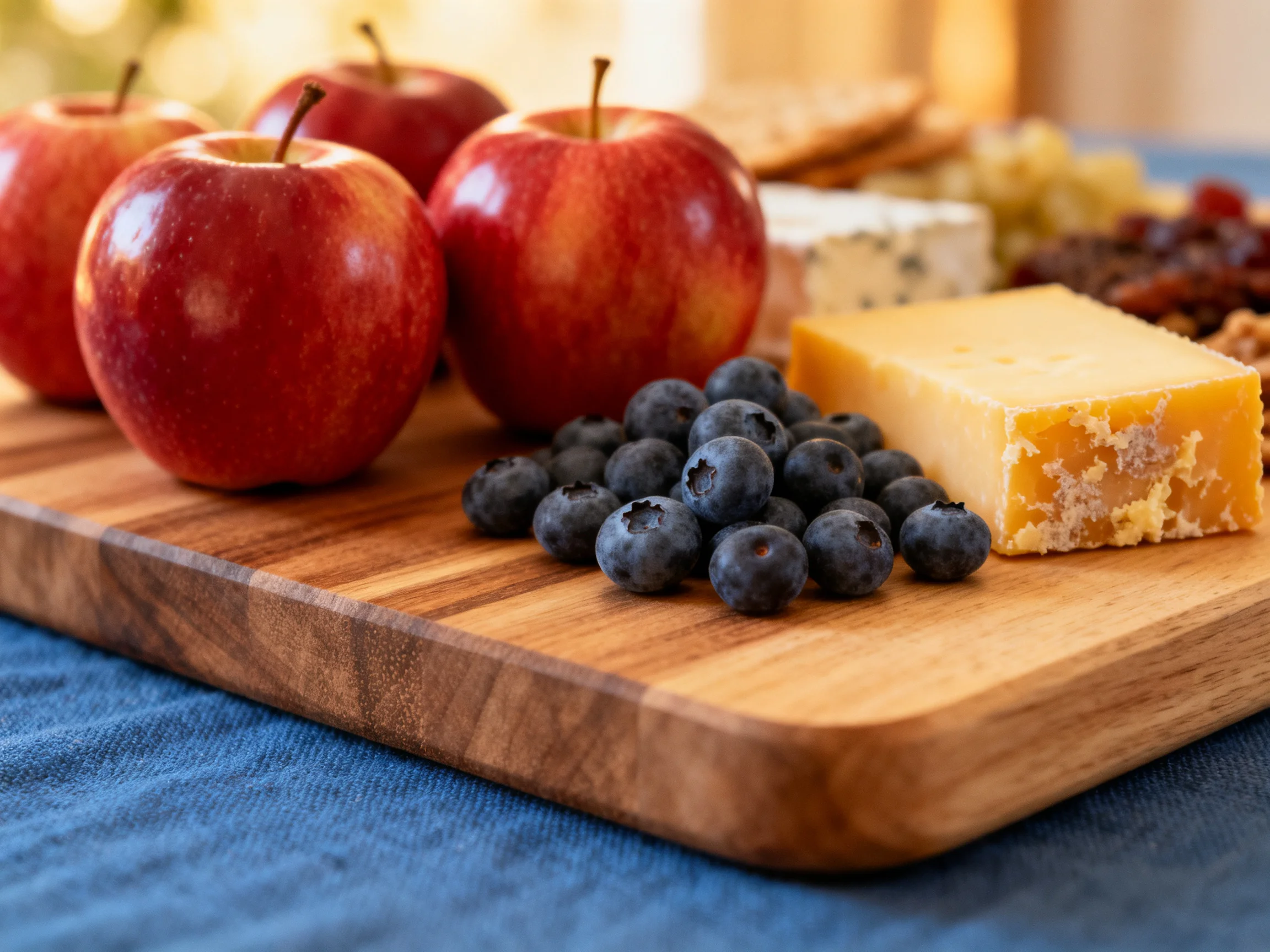 Four red apples, blueberries, cheese, and snacks on a wooden serving board