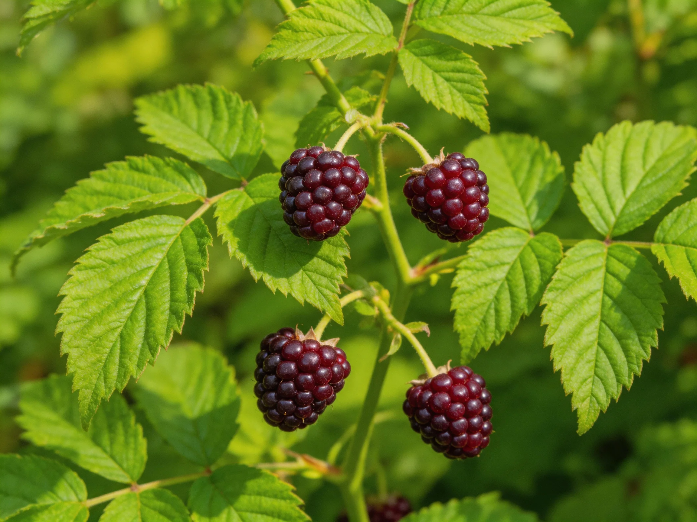 Four ripe dark purple berries among vibrant green foliage