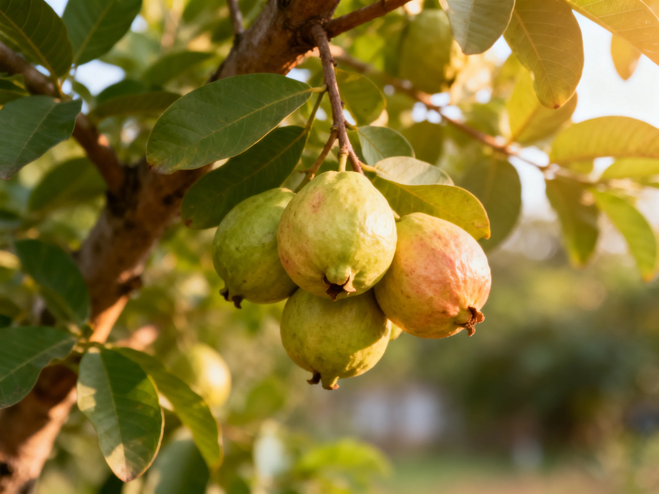 Four ripe guavas hang from a leafy branch in golden sunlight