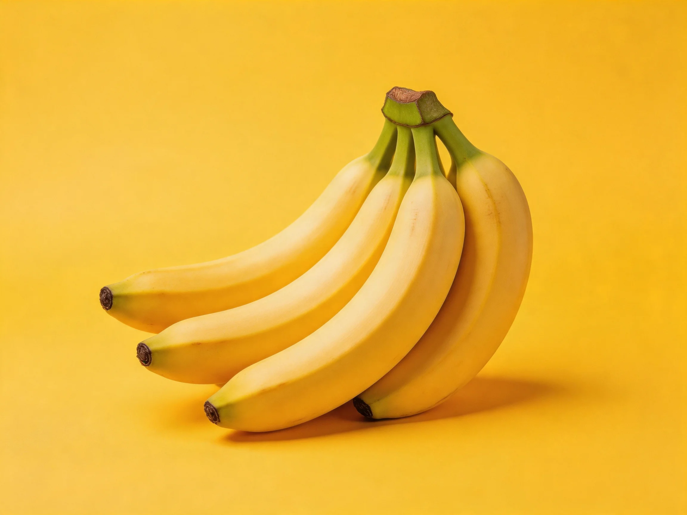 Four ripe yellow bananas grouped together on a bright yellow surface