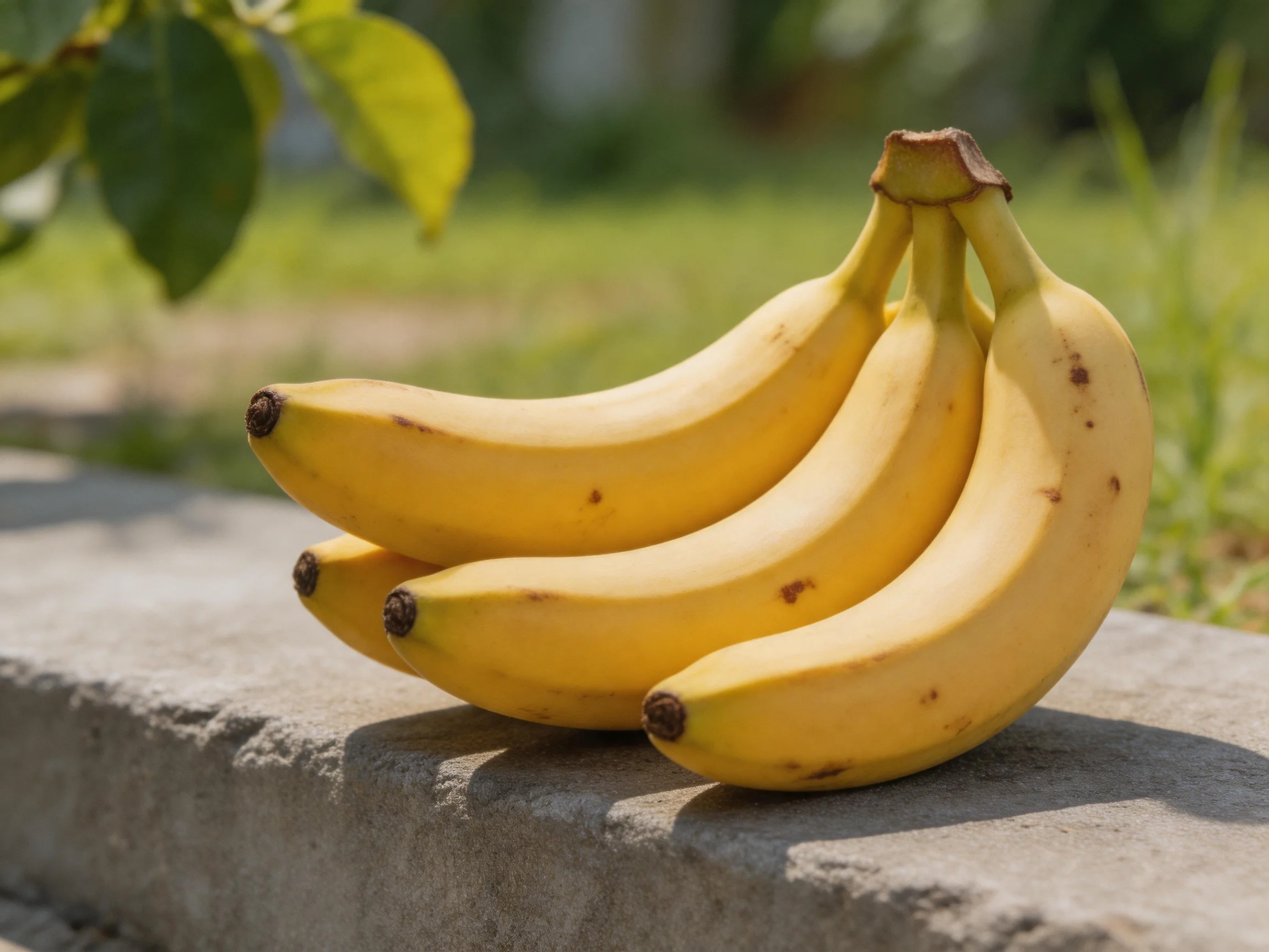 Four ripe yellow bananas rest on a weathered concrete ledge near lush greenery.