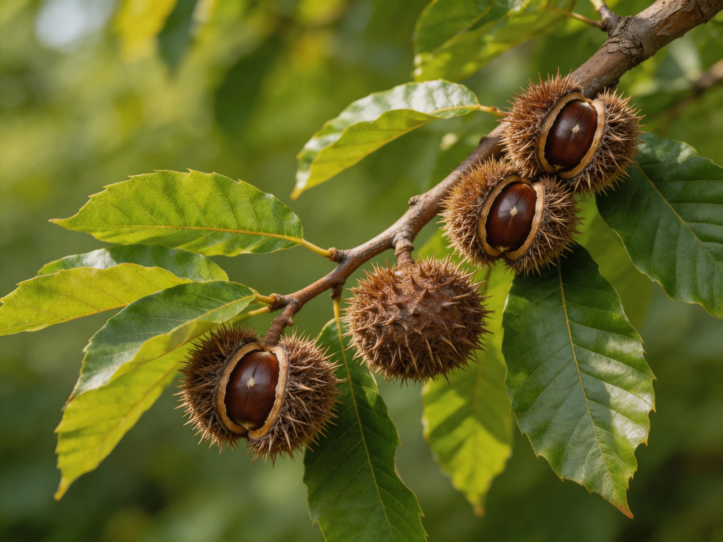 Four spiky brown chestnuts attached to a tree branch with green foliage
