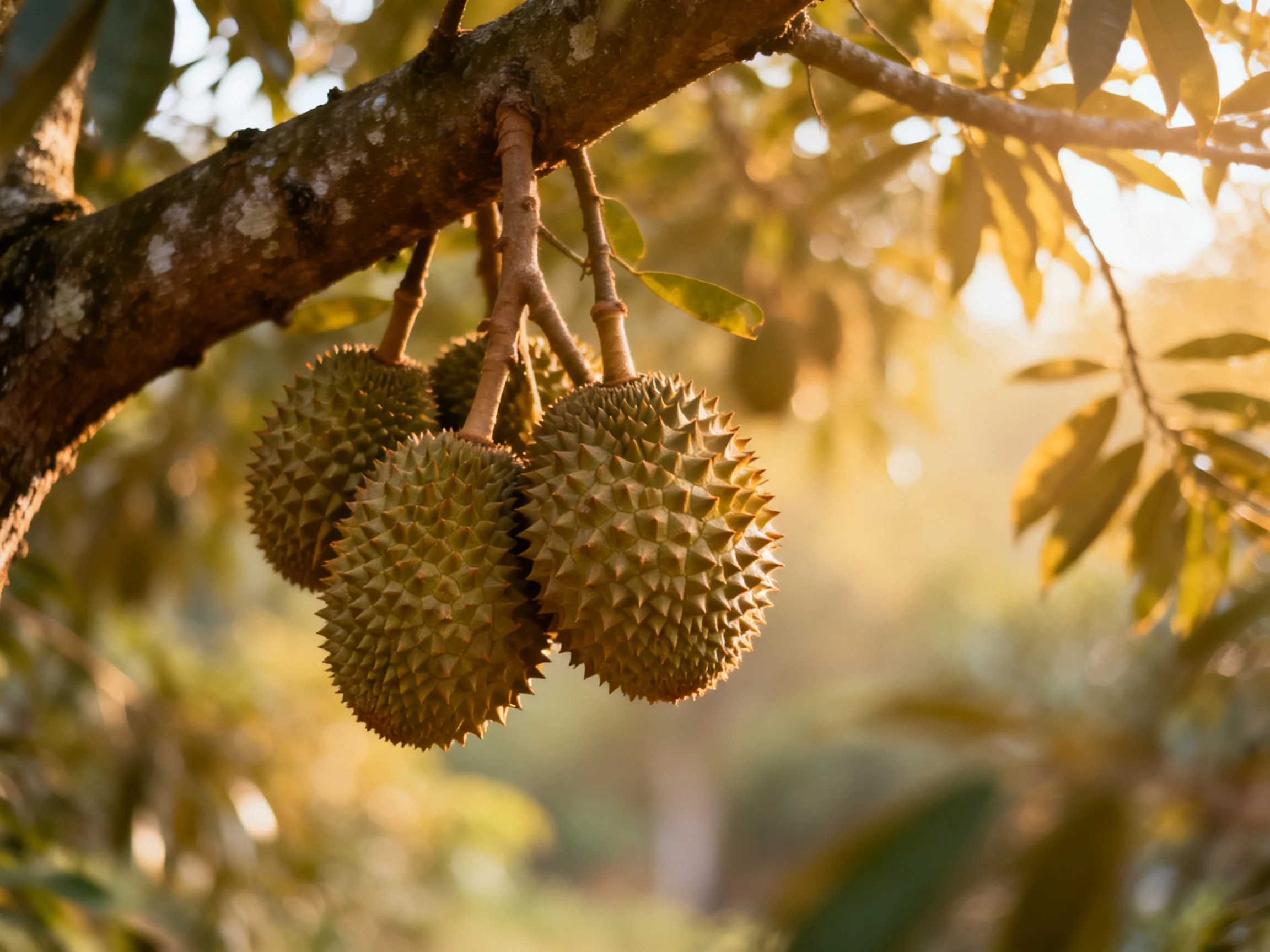 Four spiky durian fruits hang from a brown tree branch in golden light