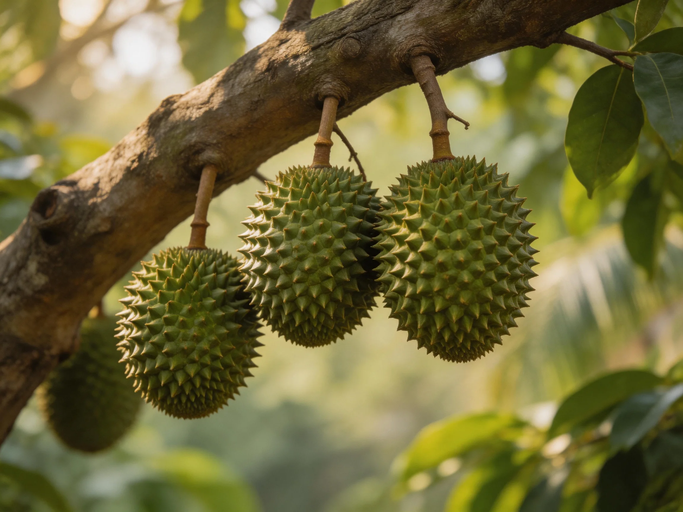 Four spiky green durians hang from a gnarled tree branch