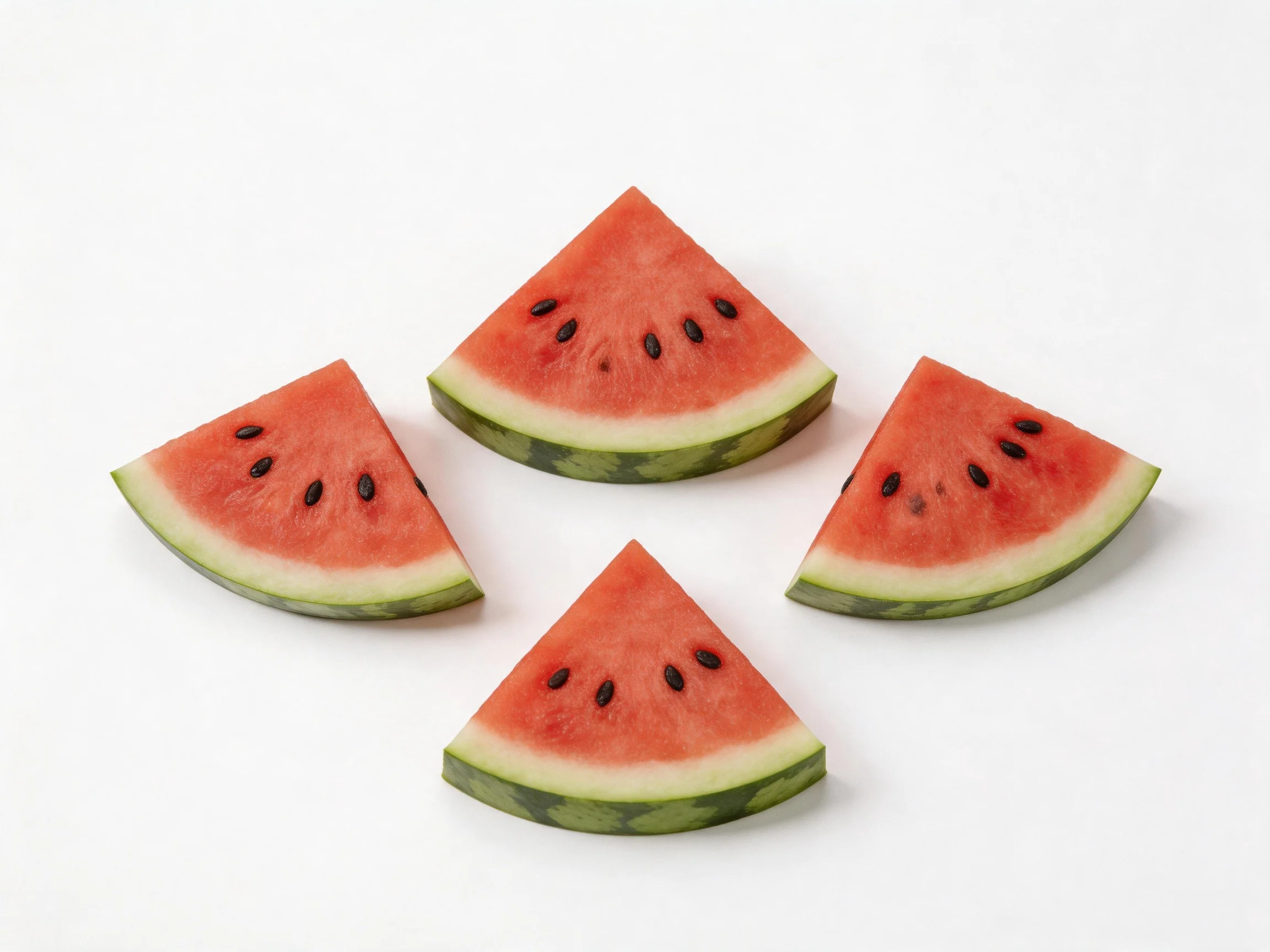 Four triangular watermelon slices with red flesh and green rind