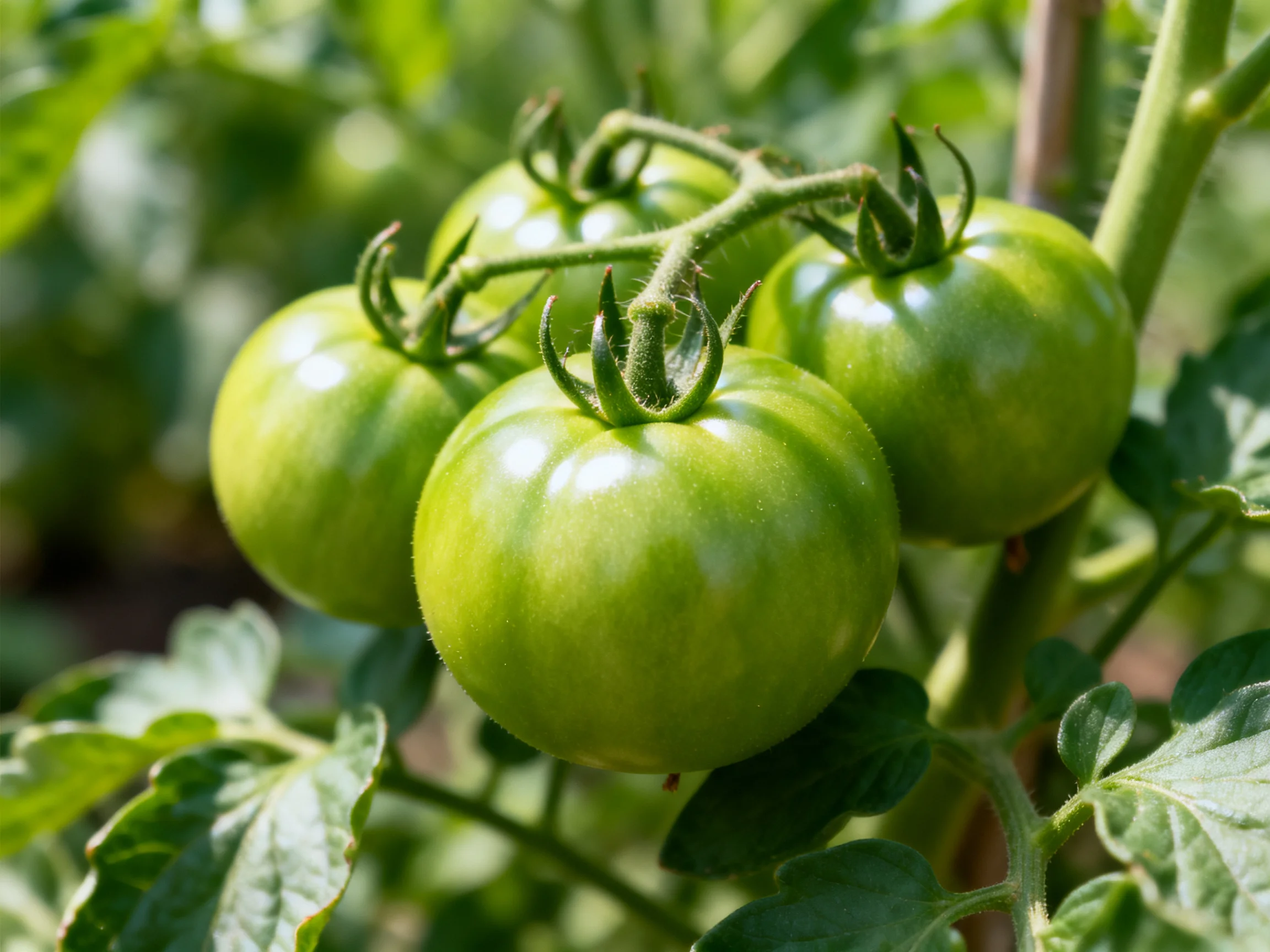 Four unripe green tomatoes cluster on a leafy vine