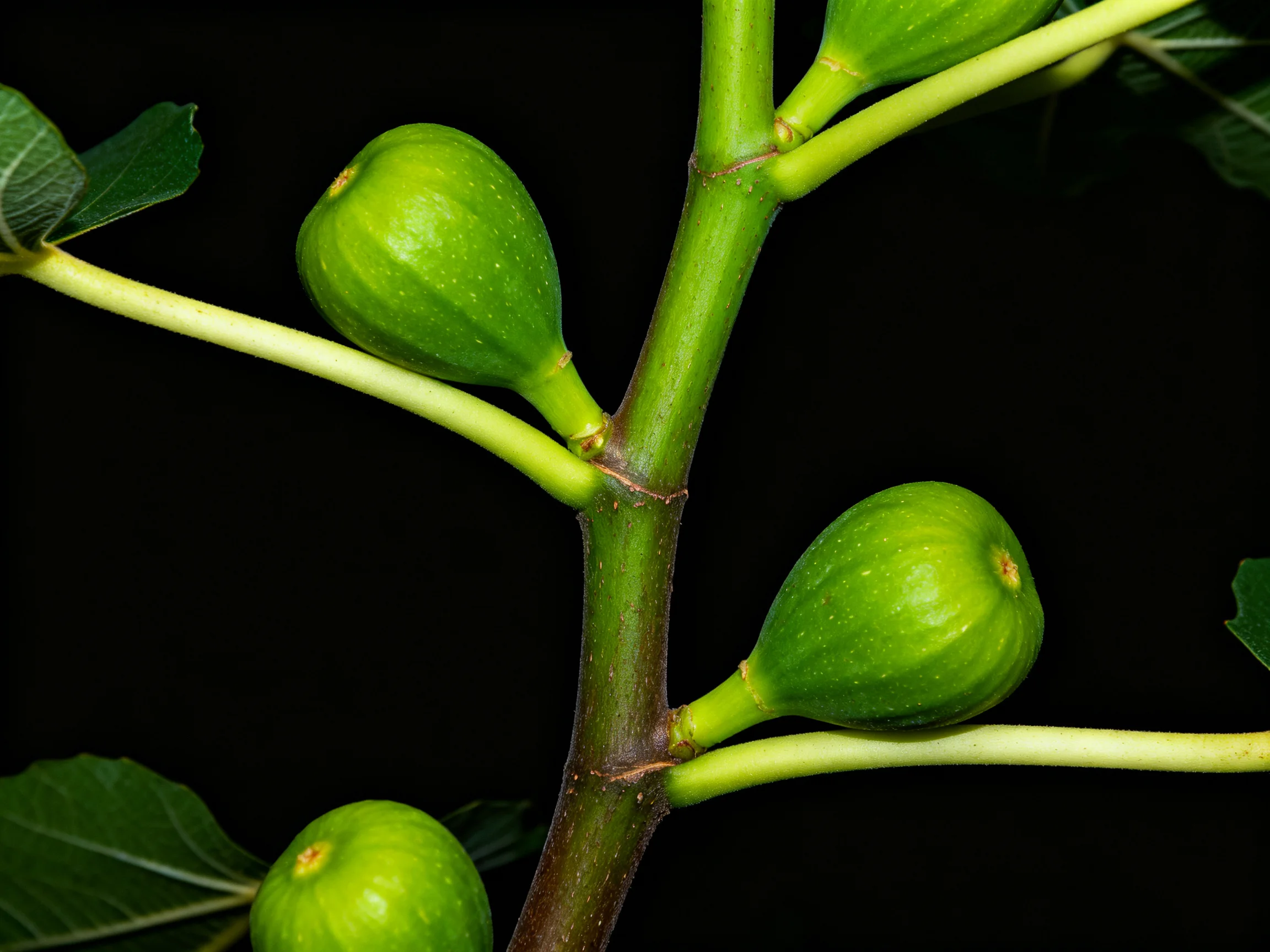 Four vibrant green figs growing on a fig tree branch