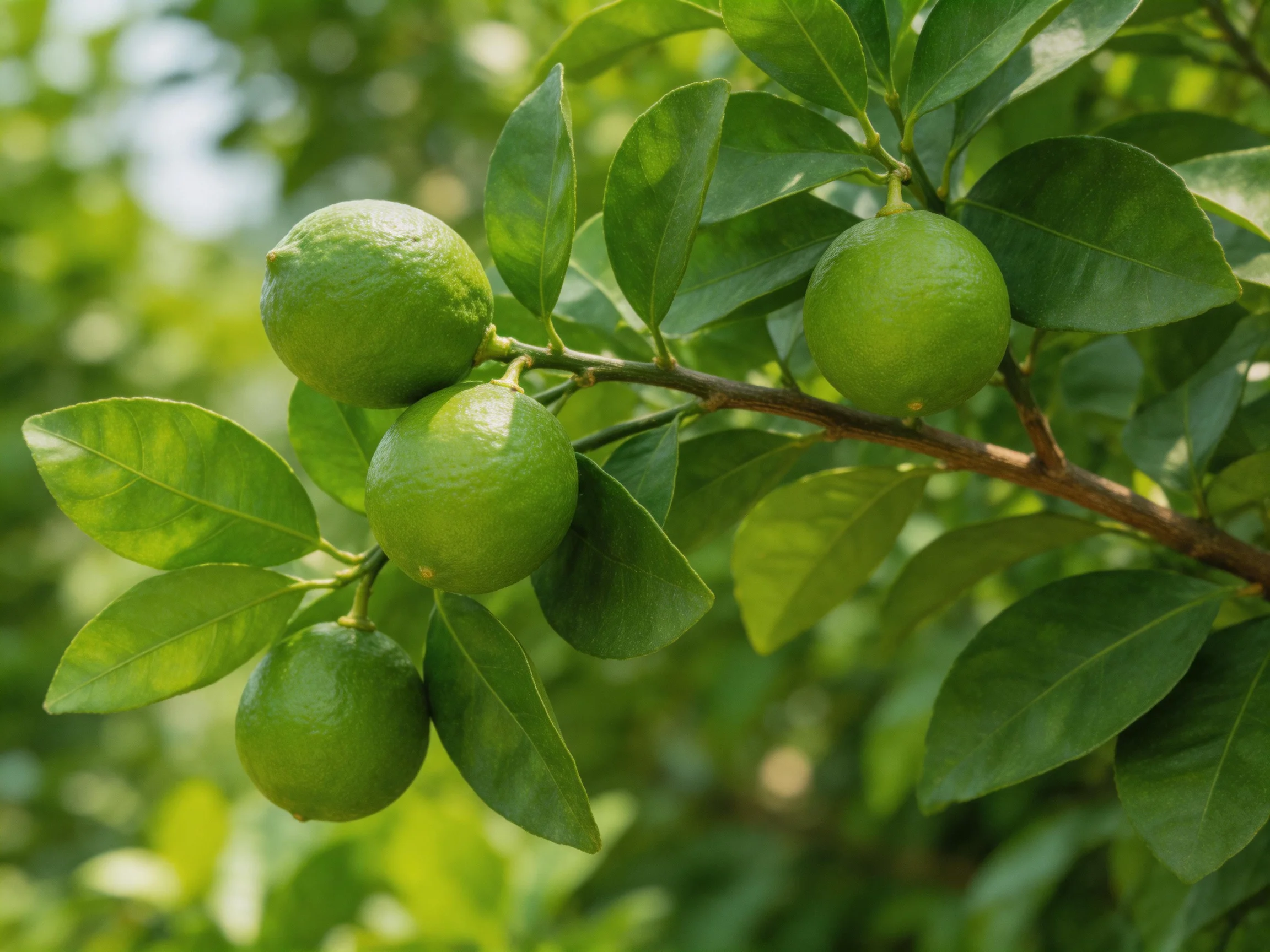 Four vibrant green limes hang from a brown tree branch amid lush foliage.