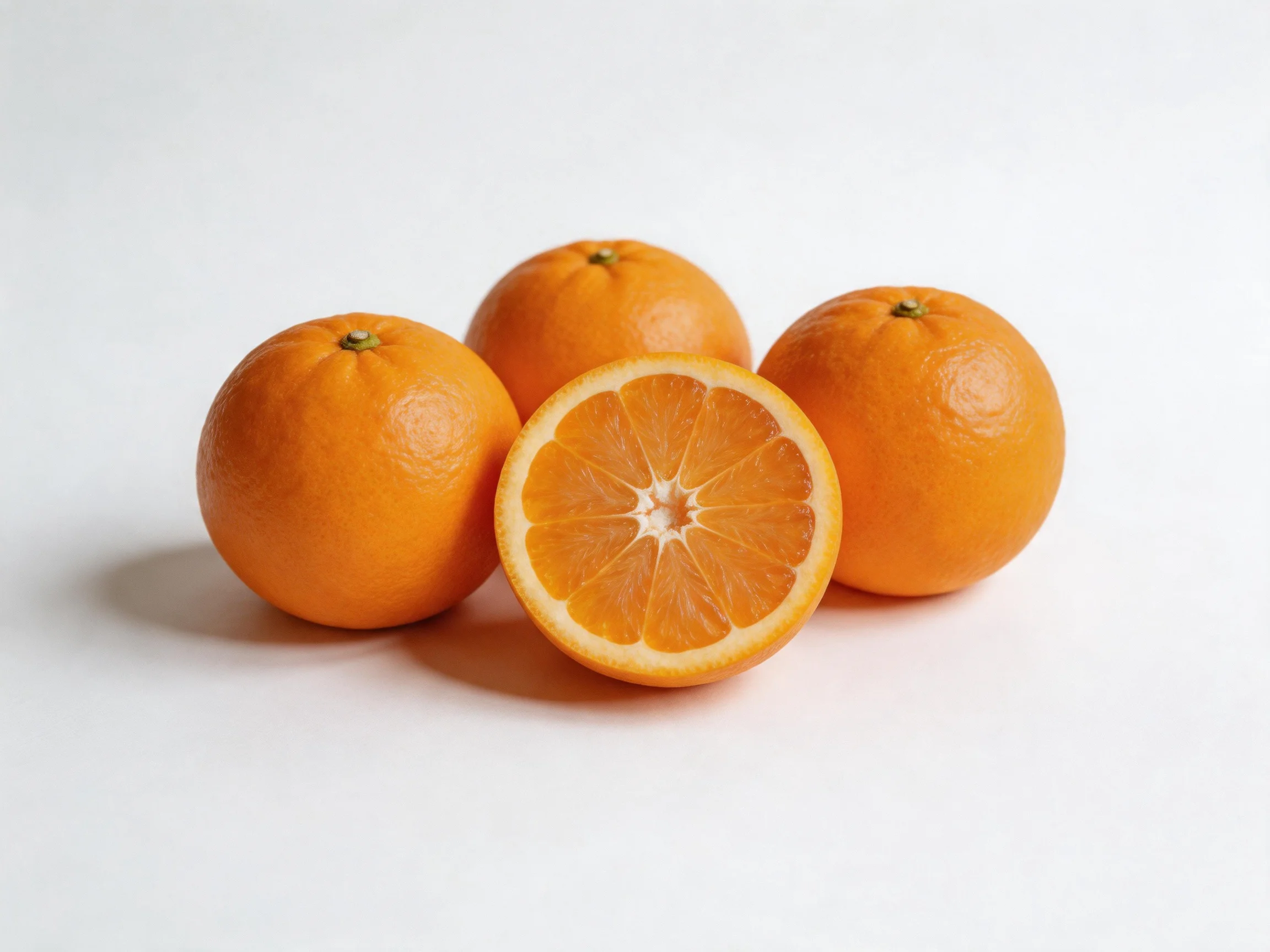 Four vibrant orange citrus fruits, one sliced to show inner segments