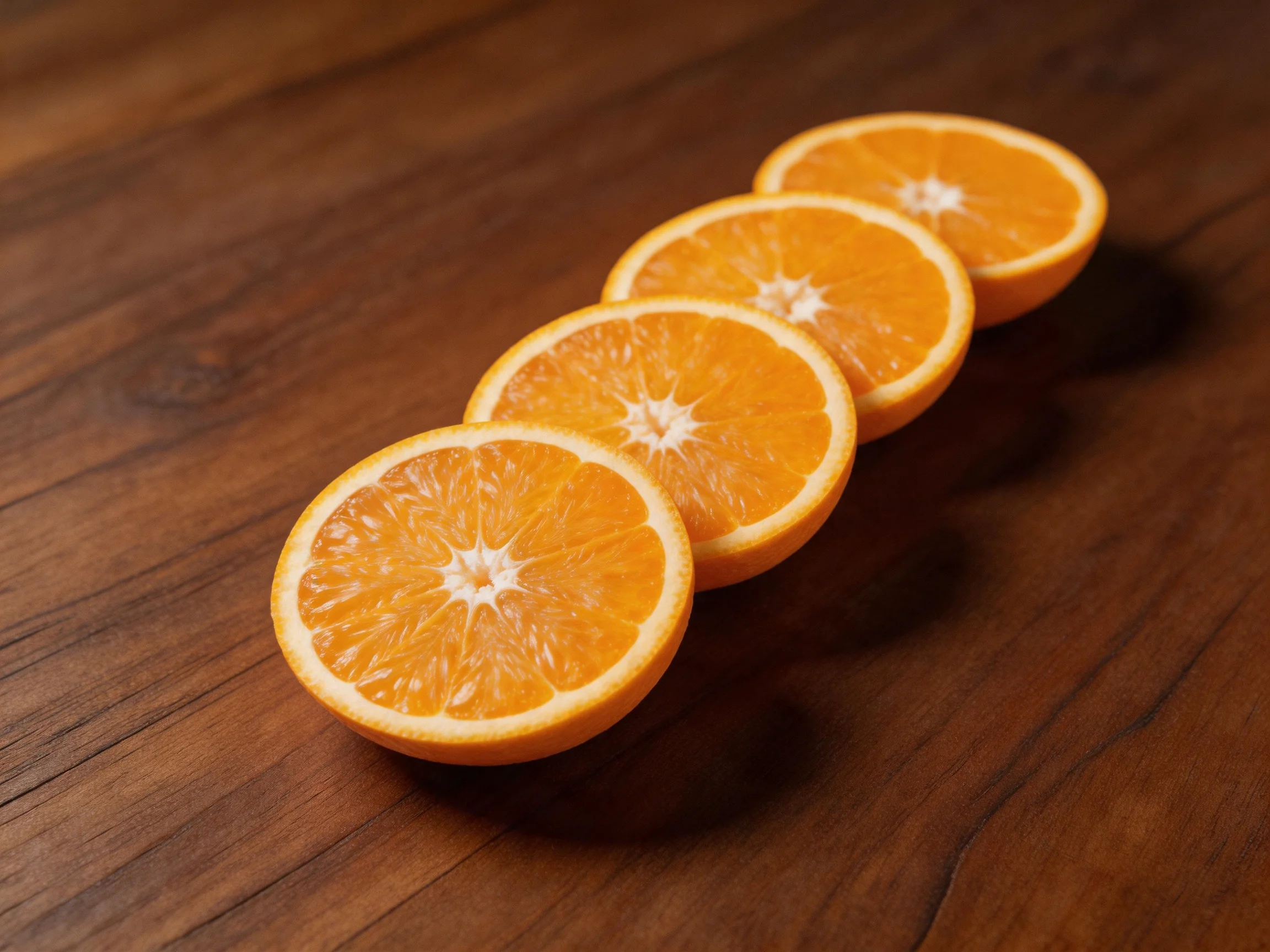 Four vibrant orange citrus slices arranged on a polished wooden table