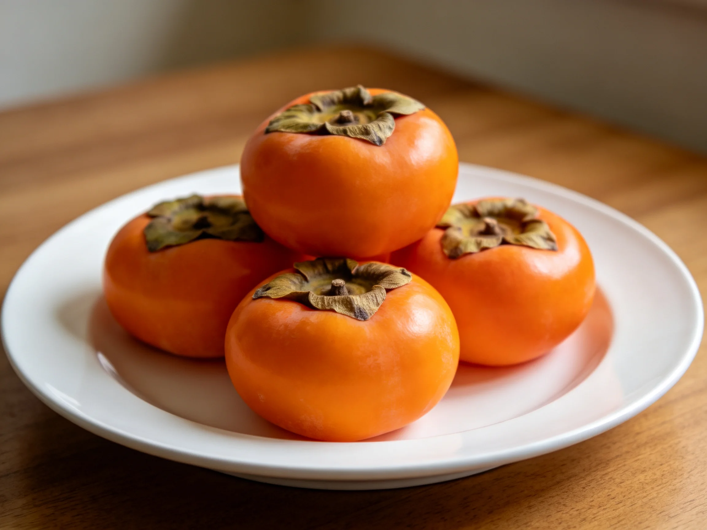 Four vibrant orange persimmons arranged on a white plate