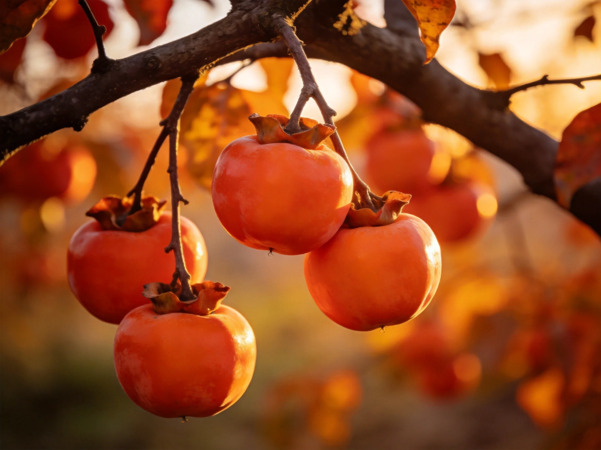 Four vibrant orange persimmons hang from a dark tree branch amid golden foliage.
