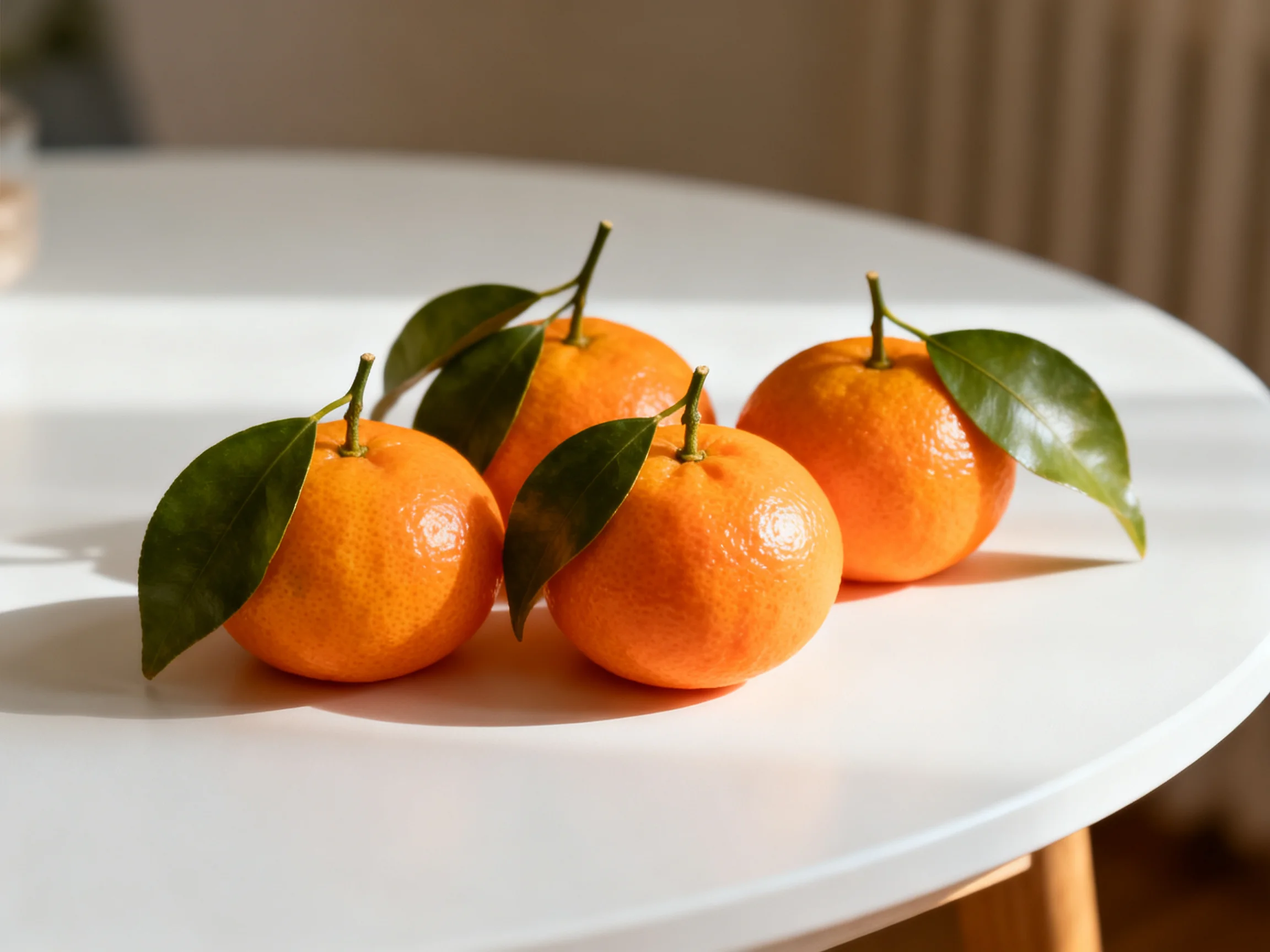 Four vibrant orange tangerines with green leaves on a white table