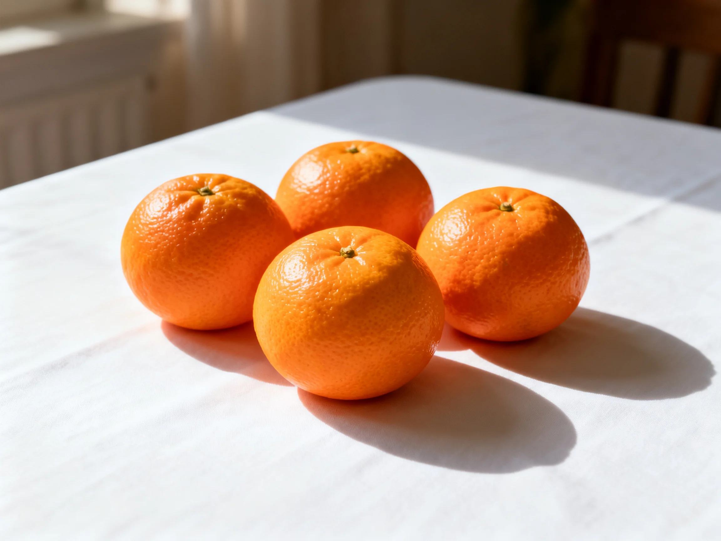 Four vibrant oranges grouped on a white tablecloth in natural light