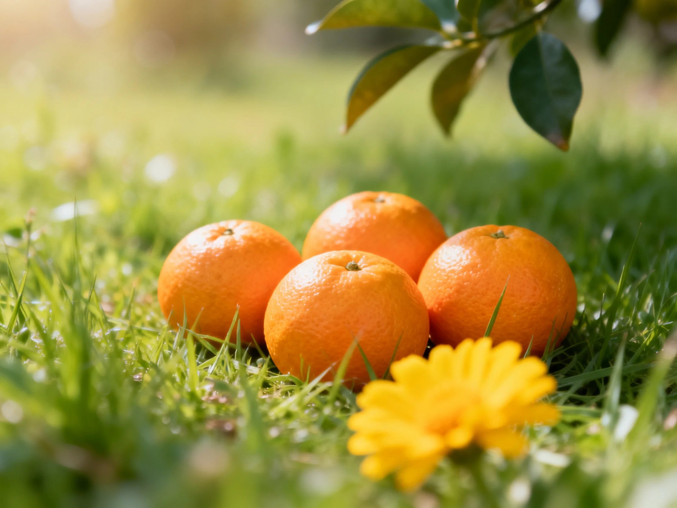 Four vibrant oranges rest on lush green grass beside a bright yellow flower