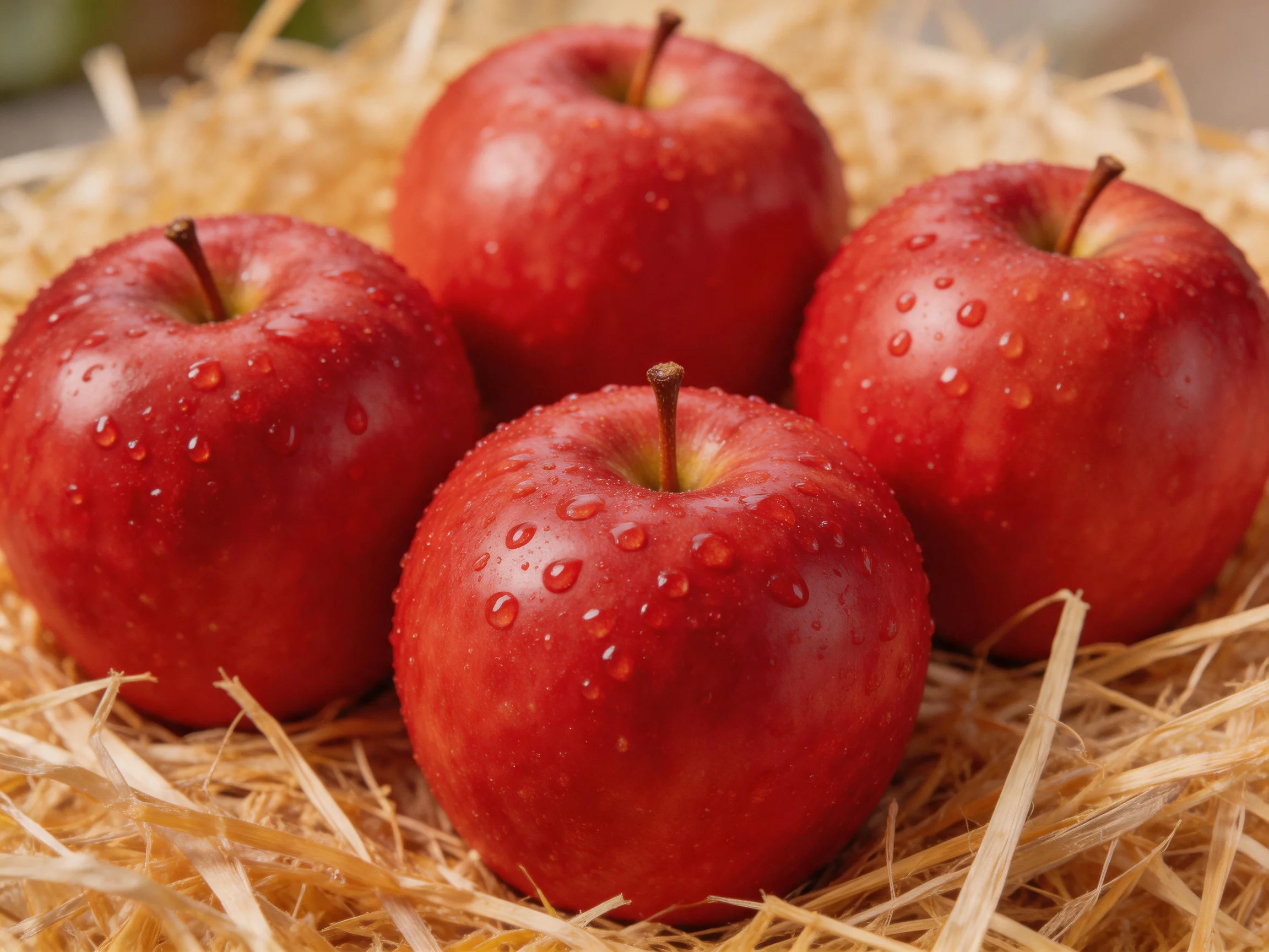 Four vibrant red apples with water droplets on golden straw.
