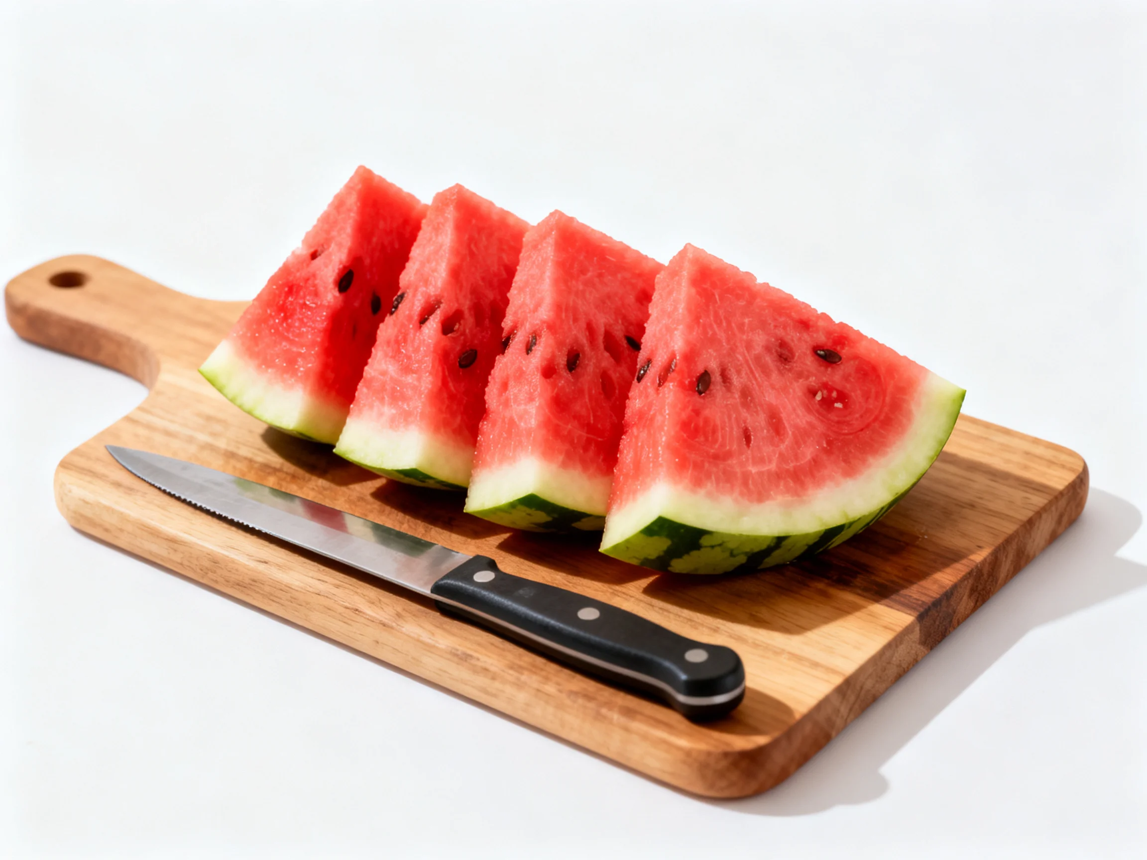 Four vibrant watermelon slices arranged on a wooden cutting board