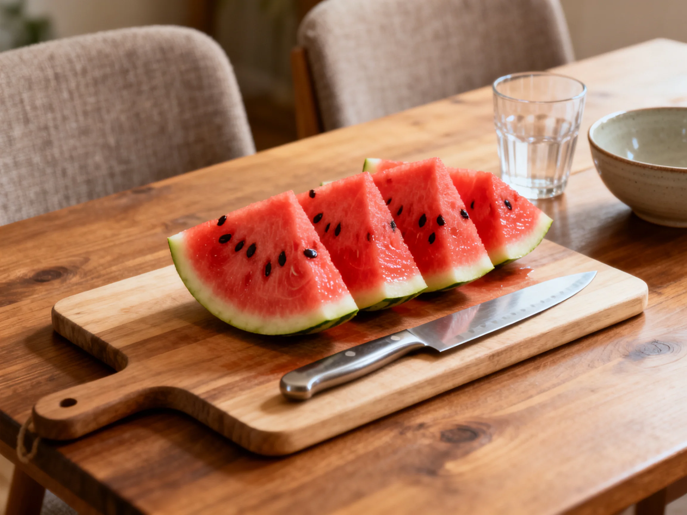 Four vibrant watermelon slices on a wooden cutting board with a knife