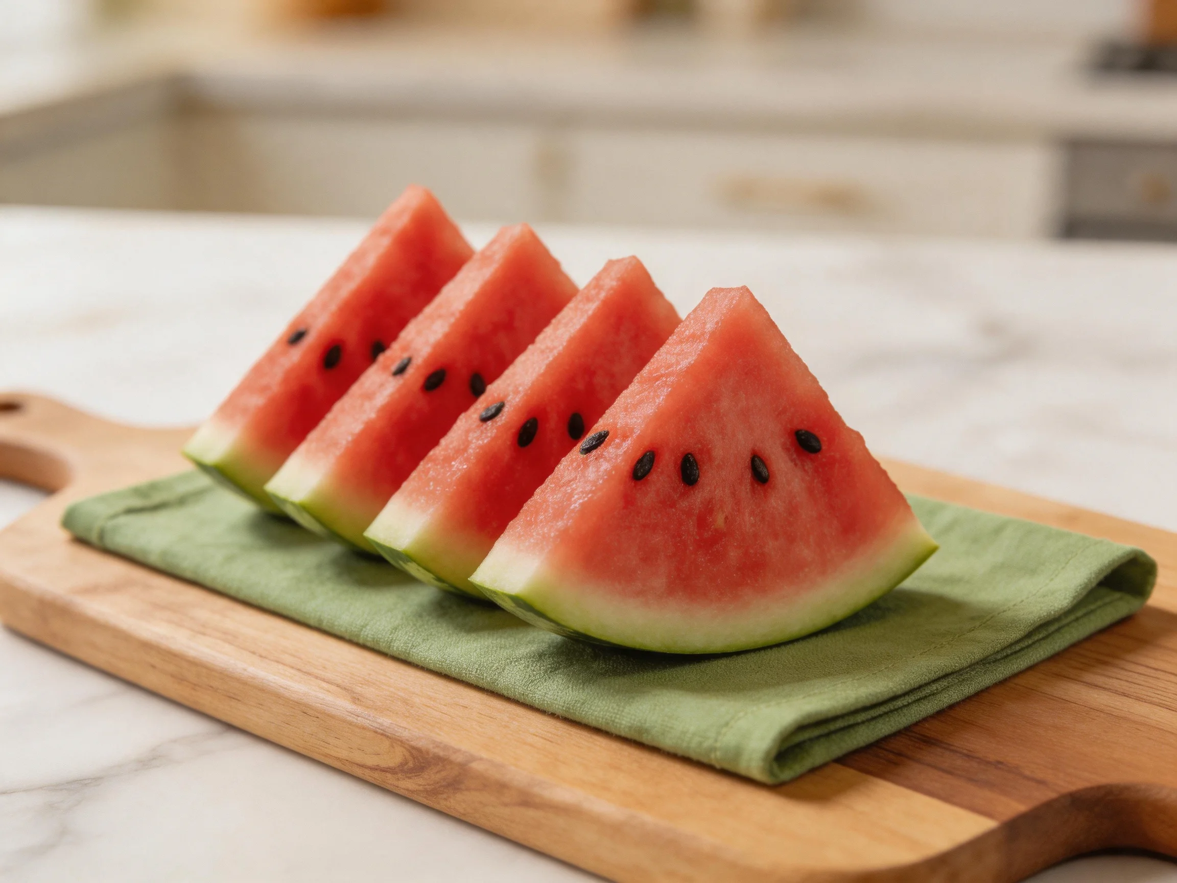 Four vibrant watermelon wedges arranged on a wooden cutting board