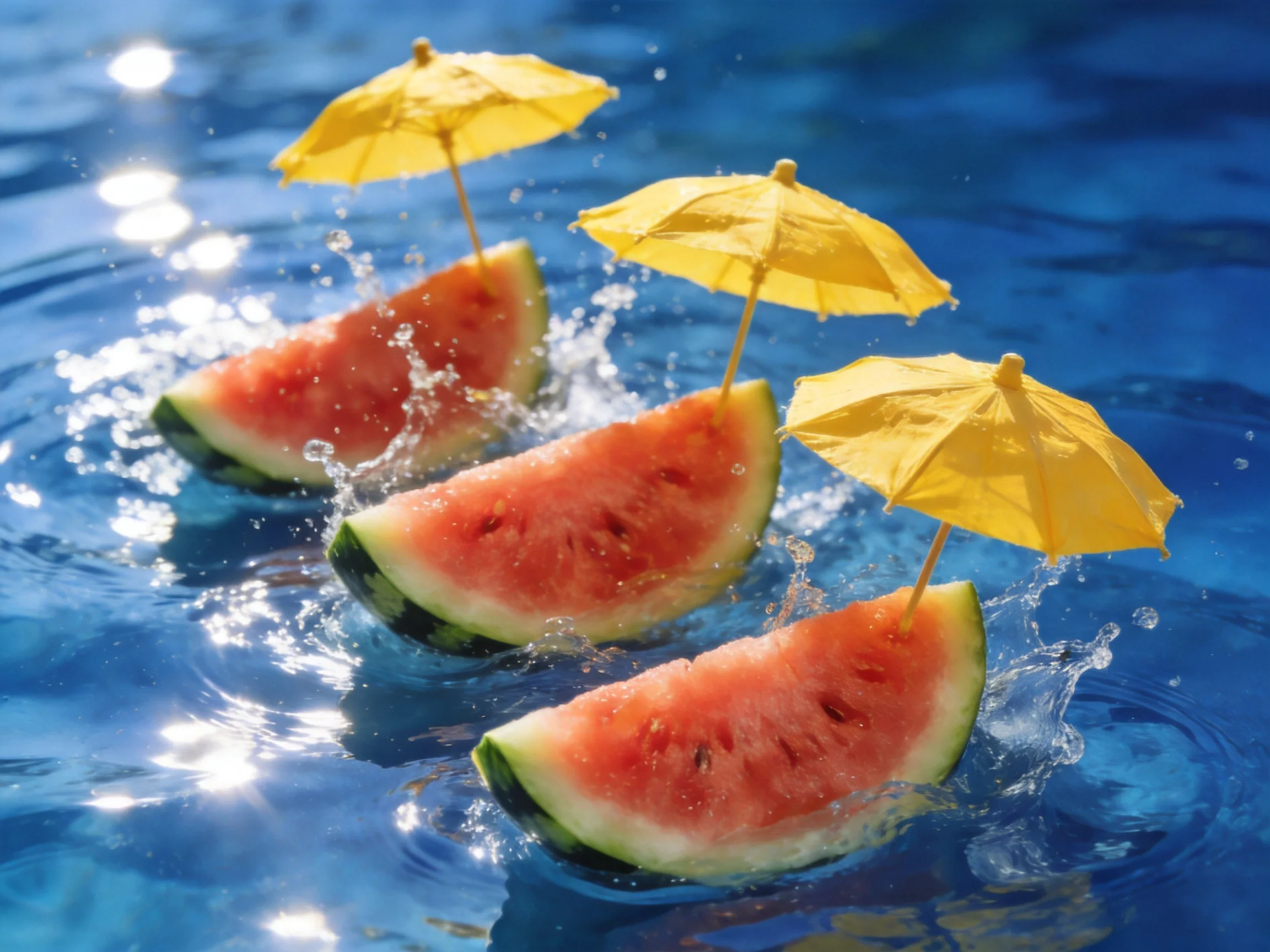 Four watermelon slices with yellow umbrellas float in a blue pool