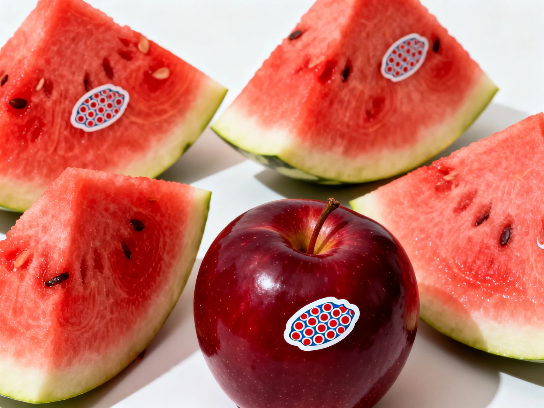 Four watermelon wedges and one glossy red apple with decorative stickers