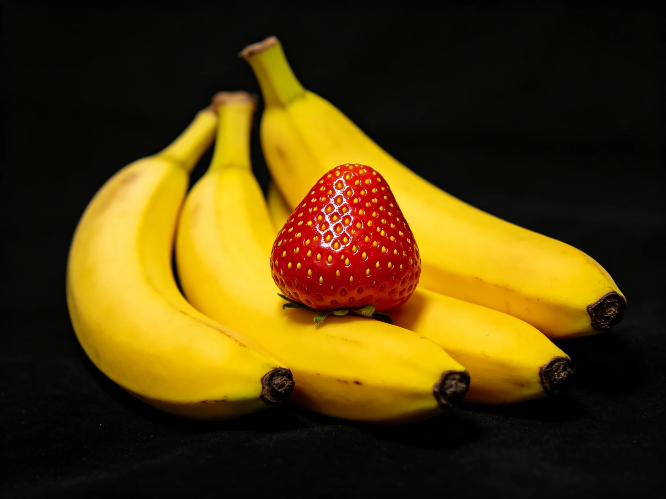 Four yellow bananas grouped with a bright red strawberry