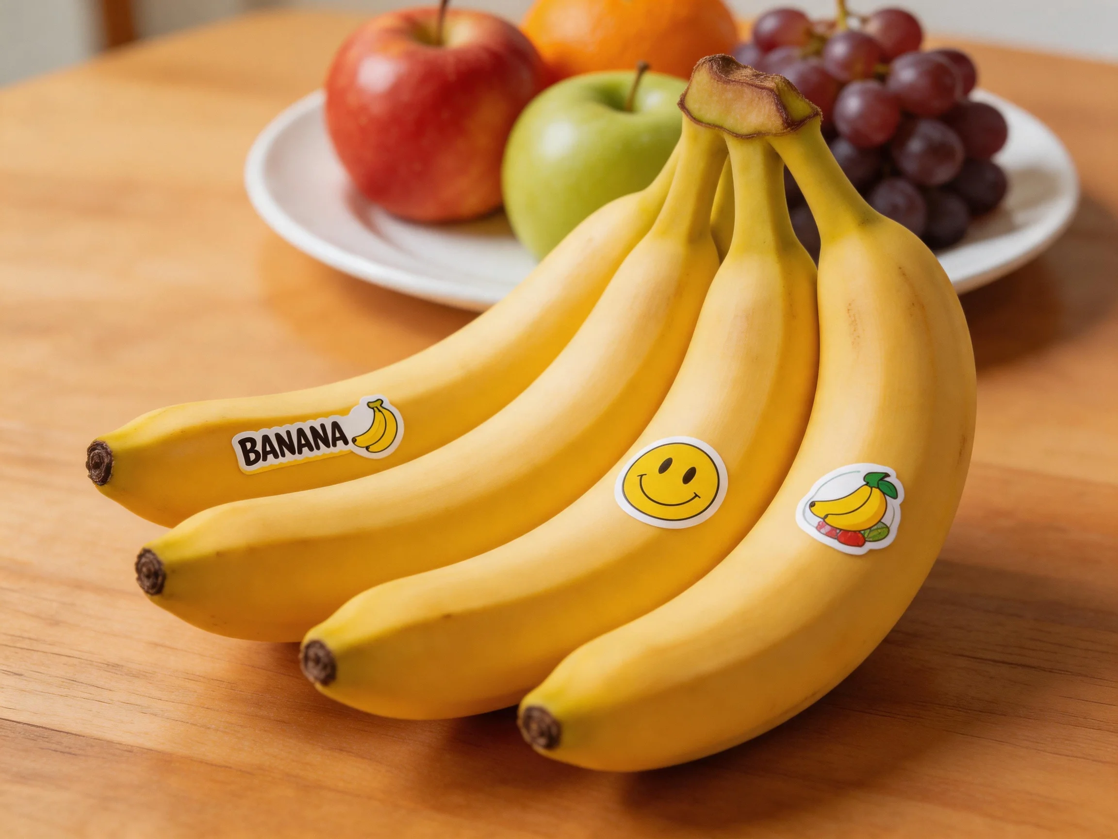 Four yellow bananas with decorative stickers beside assorted fruits on a wooden table
