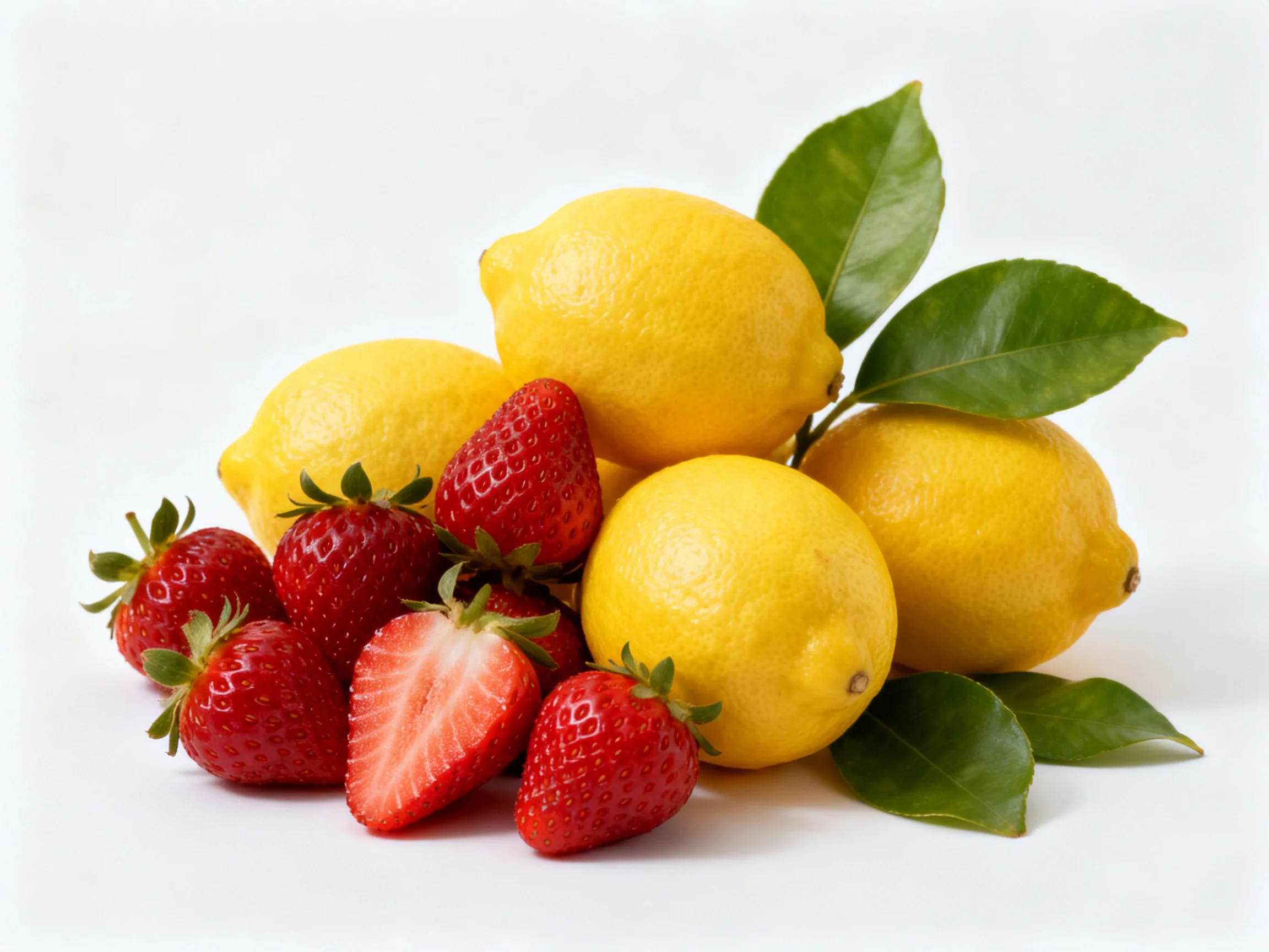 Four yellow lemons, red strawberries, and green leaves