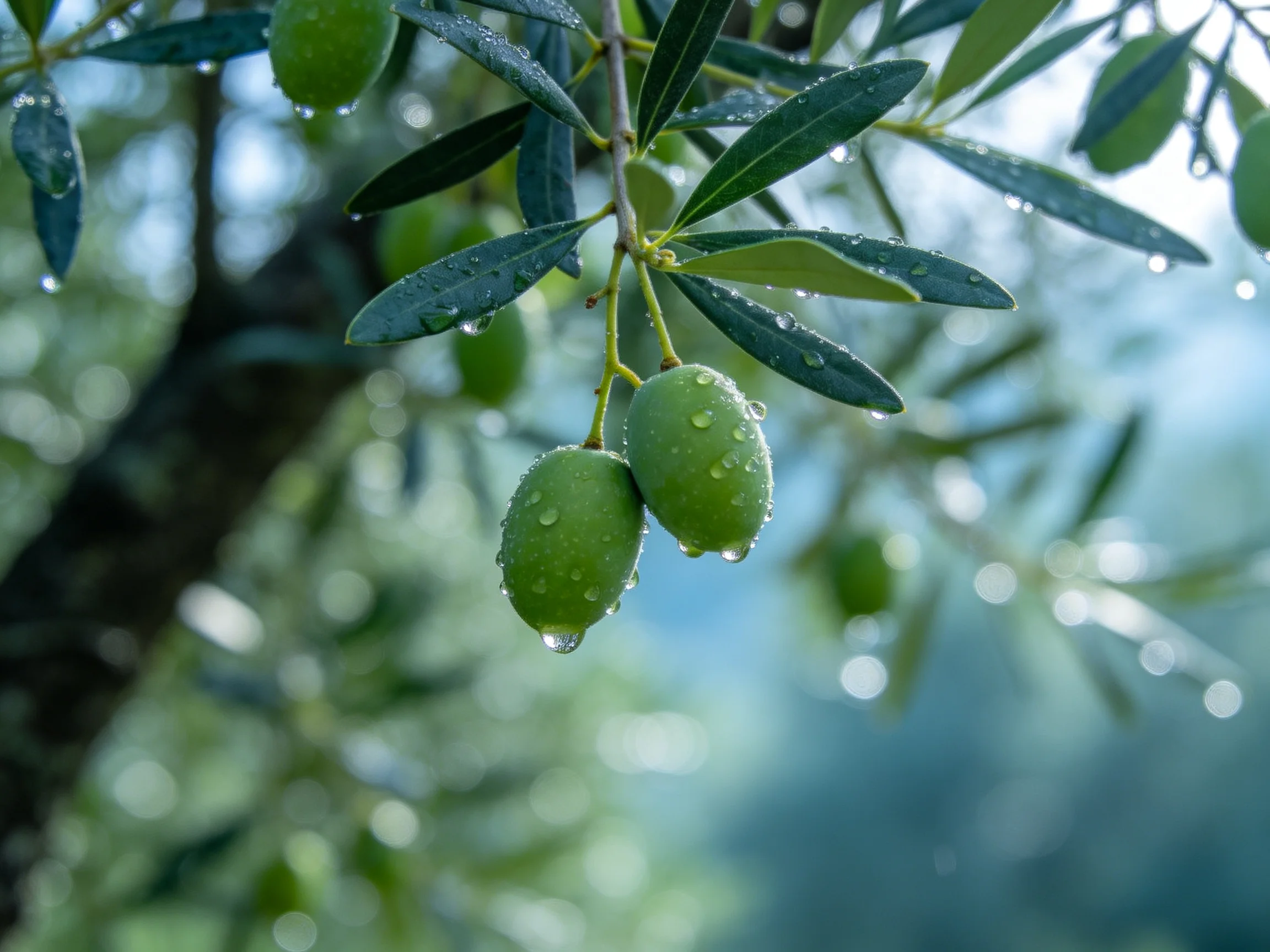 Fresh Green Olives with Dew Drops on Olive Tree Branches