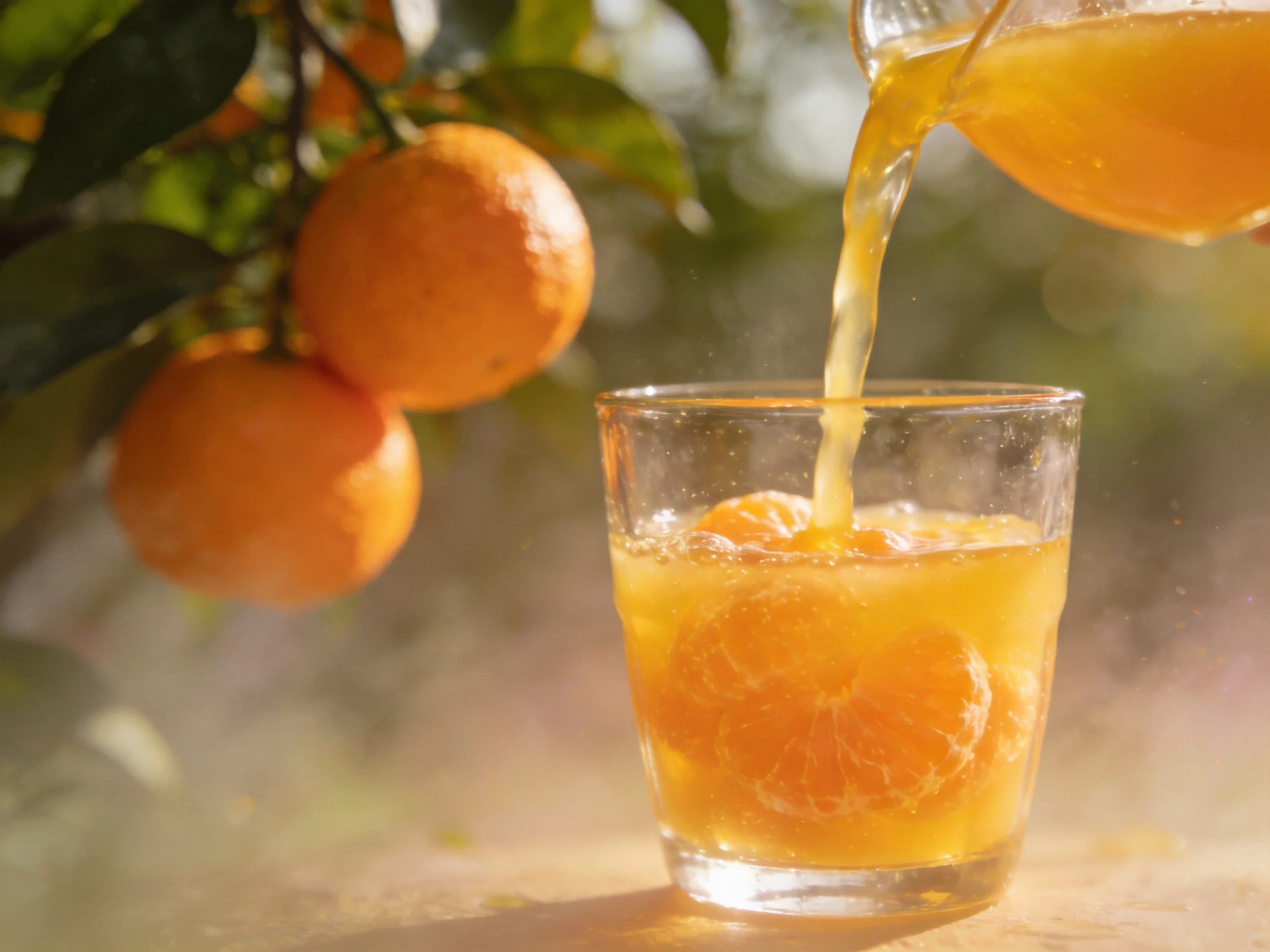 Fresh Orange Juice Poured Into a Glass With Oranges Nearby