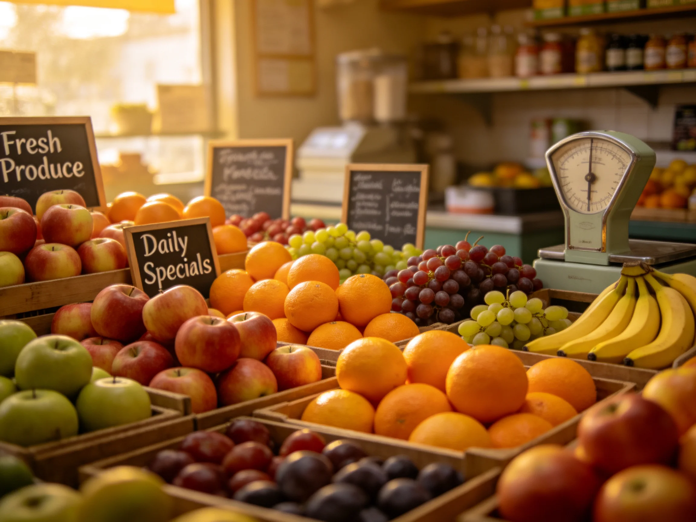 Fresh Produce Stand with Apples, Oranges, Grapes, and Bananas