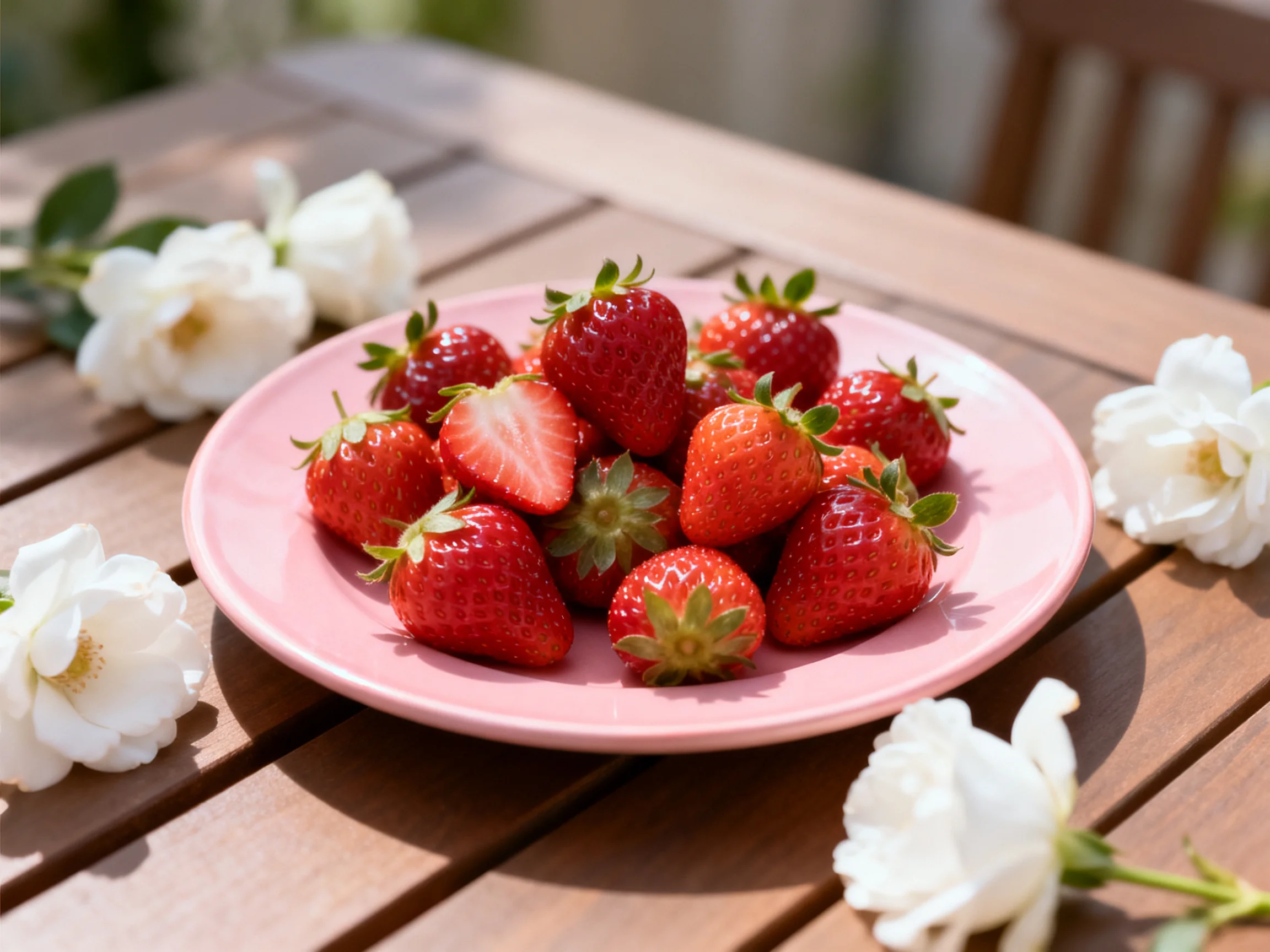 Fresh Strawberries in a Pink Dish Near White Flowers on a Wooden Table