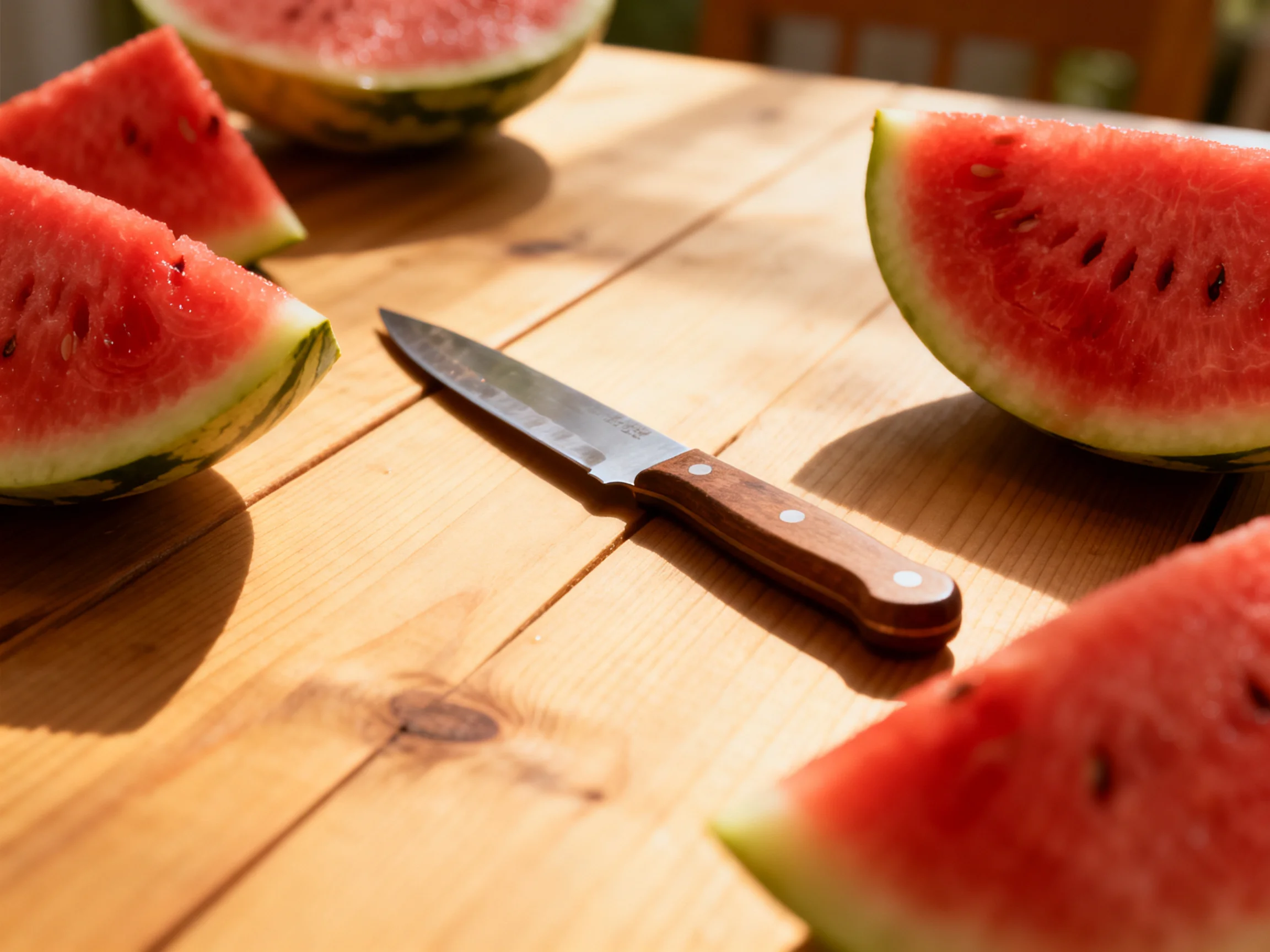 Watermelon slices are arranged around a knife on a wooden table.
