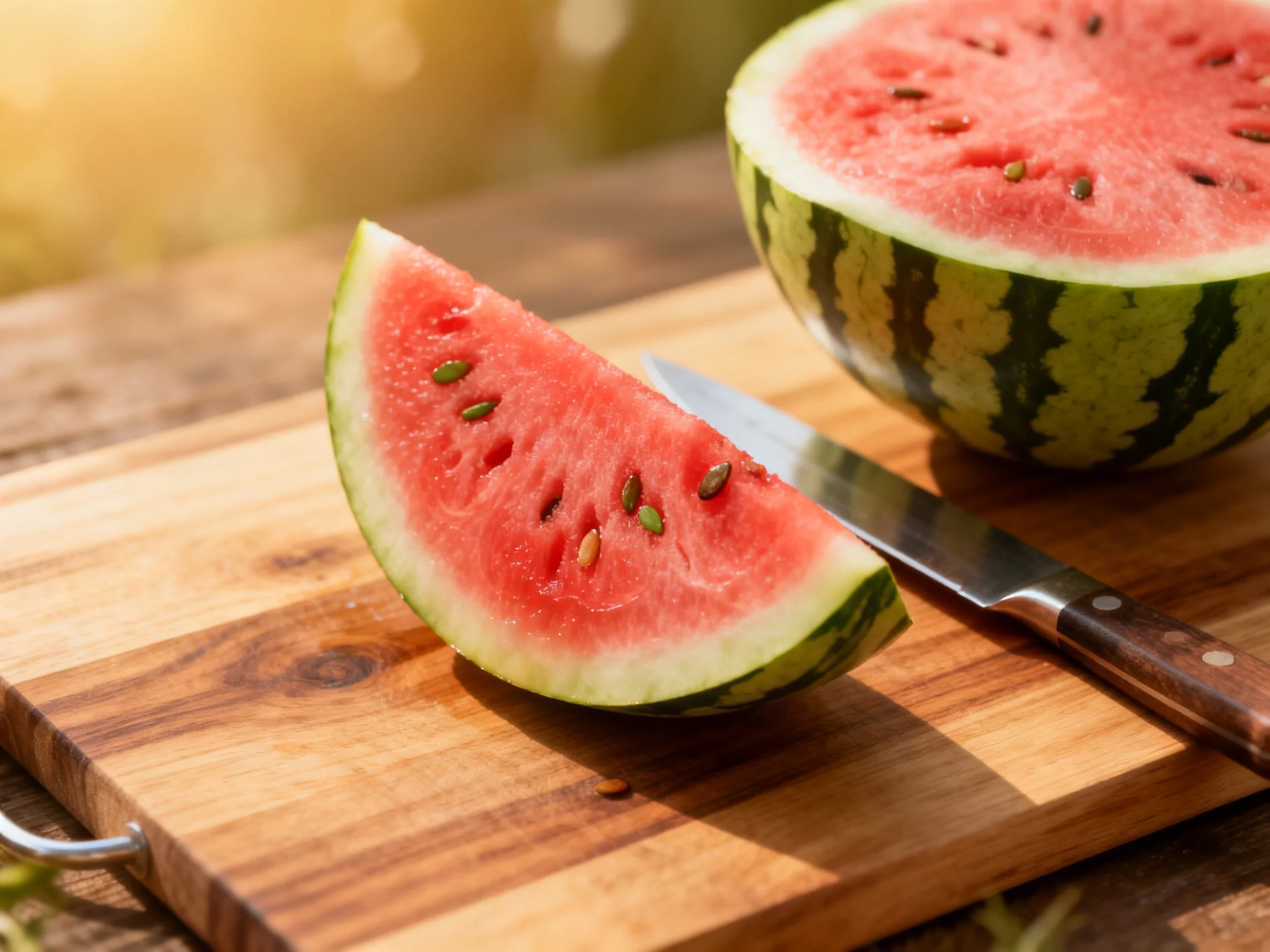 Fresh Watermelon Slices on a Wooden Cutting Board with a Knife