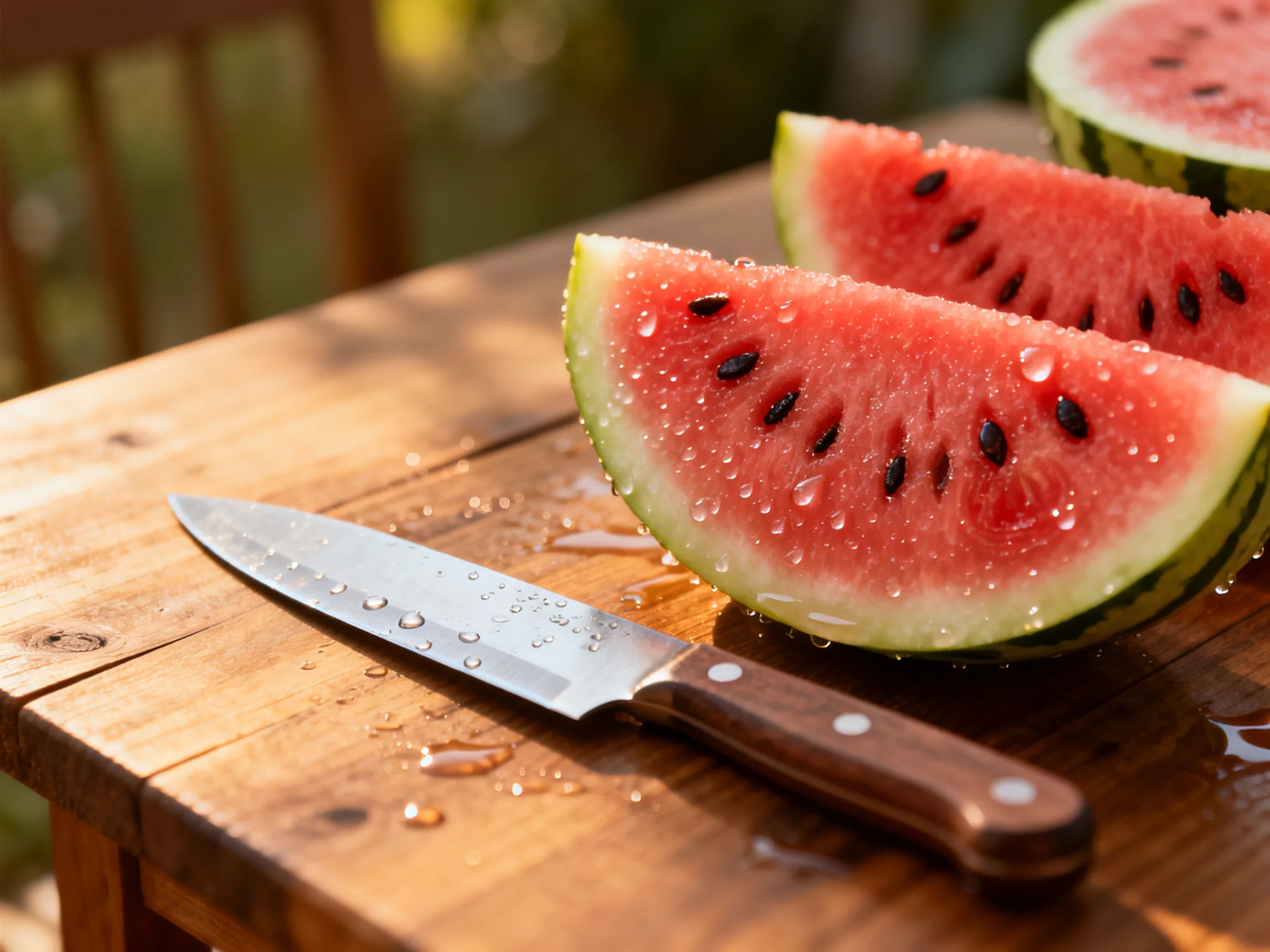 Fresh Watermelon Slices with a Sharp Knife on a Wooden Table