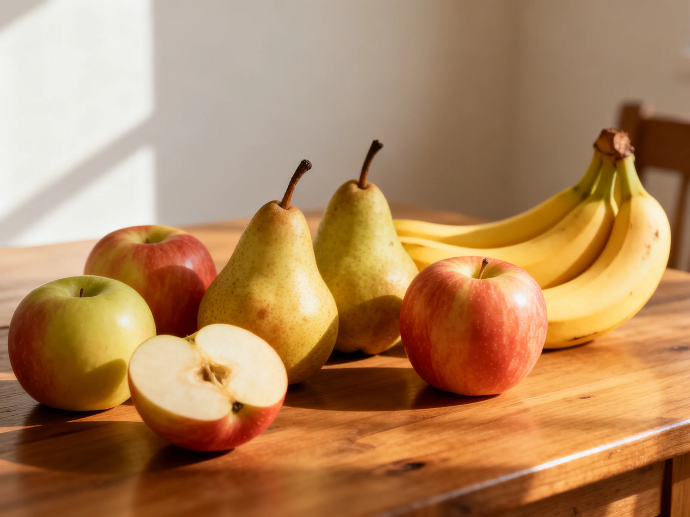 Fresh apples, pears, and bananas arranged on a wooden table