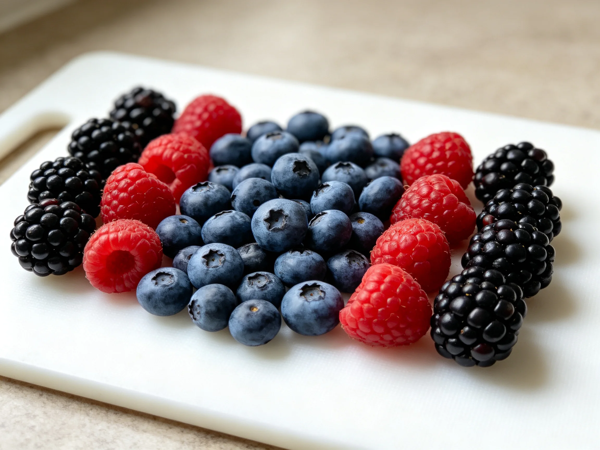 Fresh assorted berries—blackberries, raspberries, blueberries—on a white cutting board