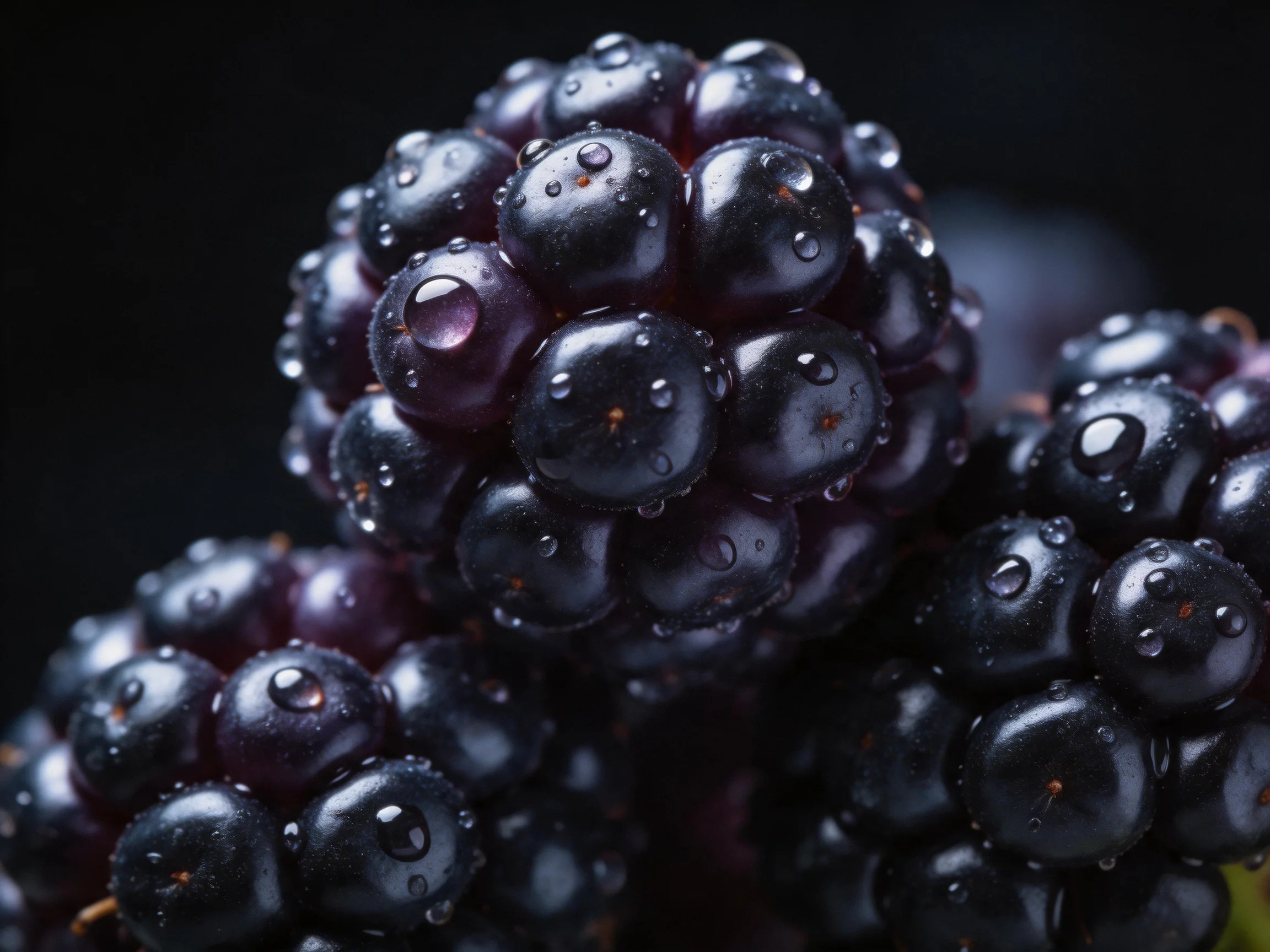 Fresh blackberries clustered with glistening water droplets
