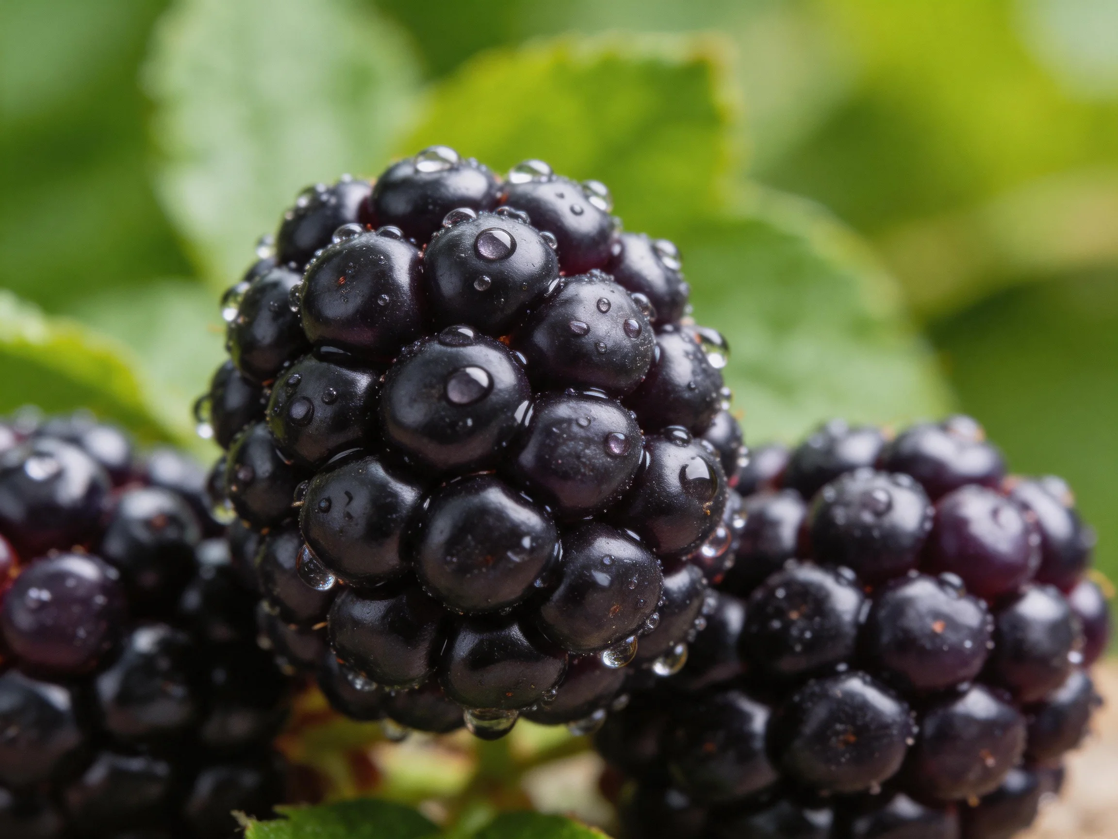 Fresh blackberries glistening with dewdrops against green foliage