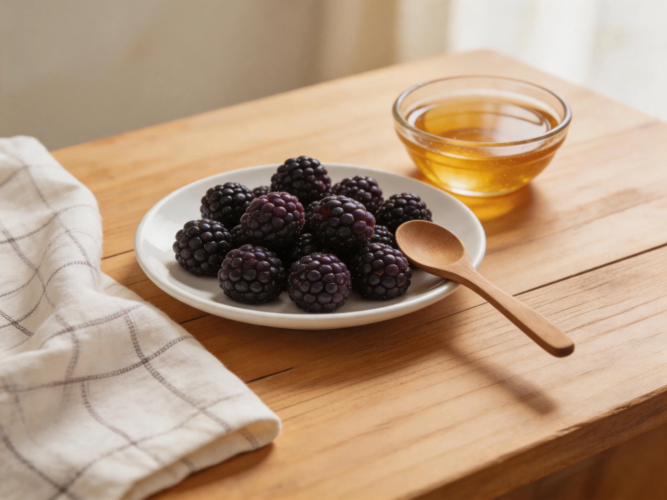 Fresh blackberries, honey, and wooden utensils on a natural wood table