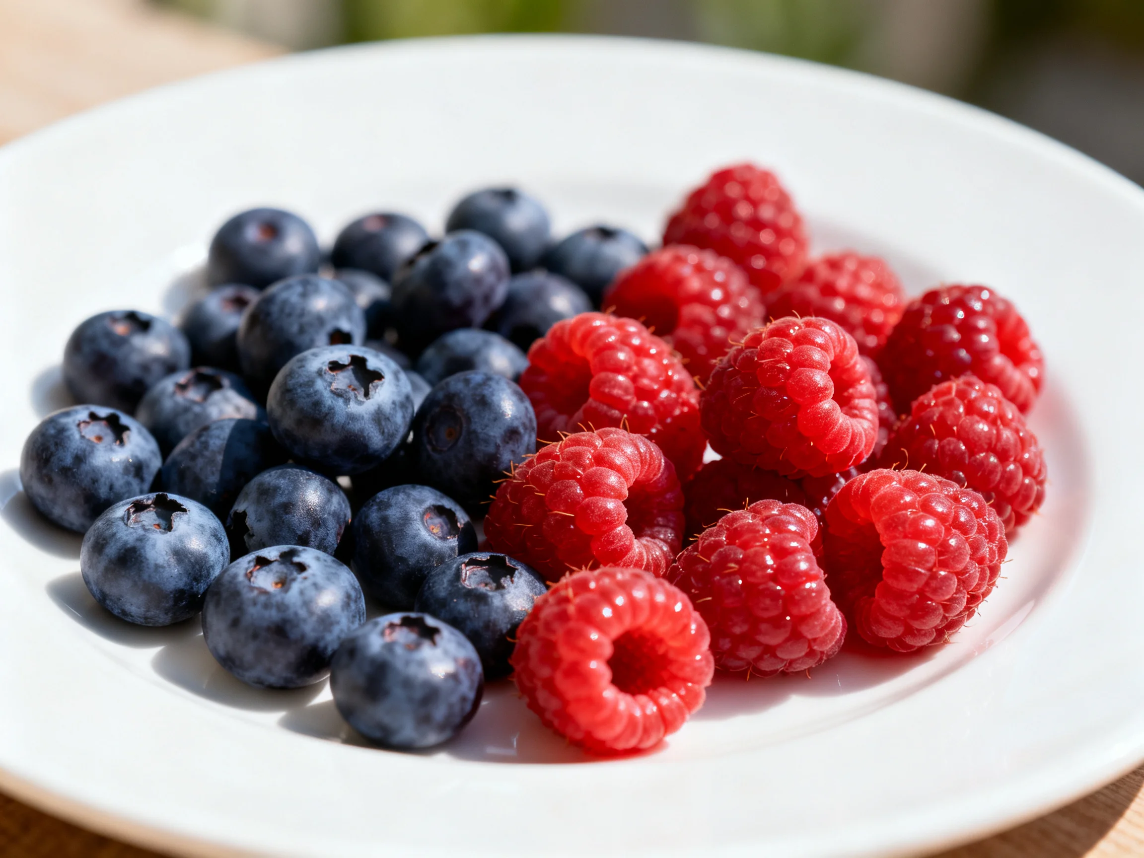 Fresh blueberries and vibrant raspberries arranged on a white plate