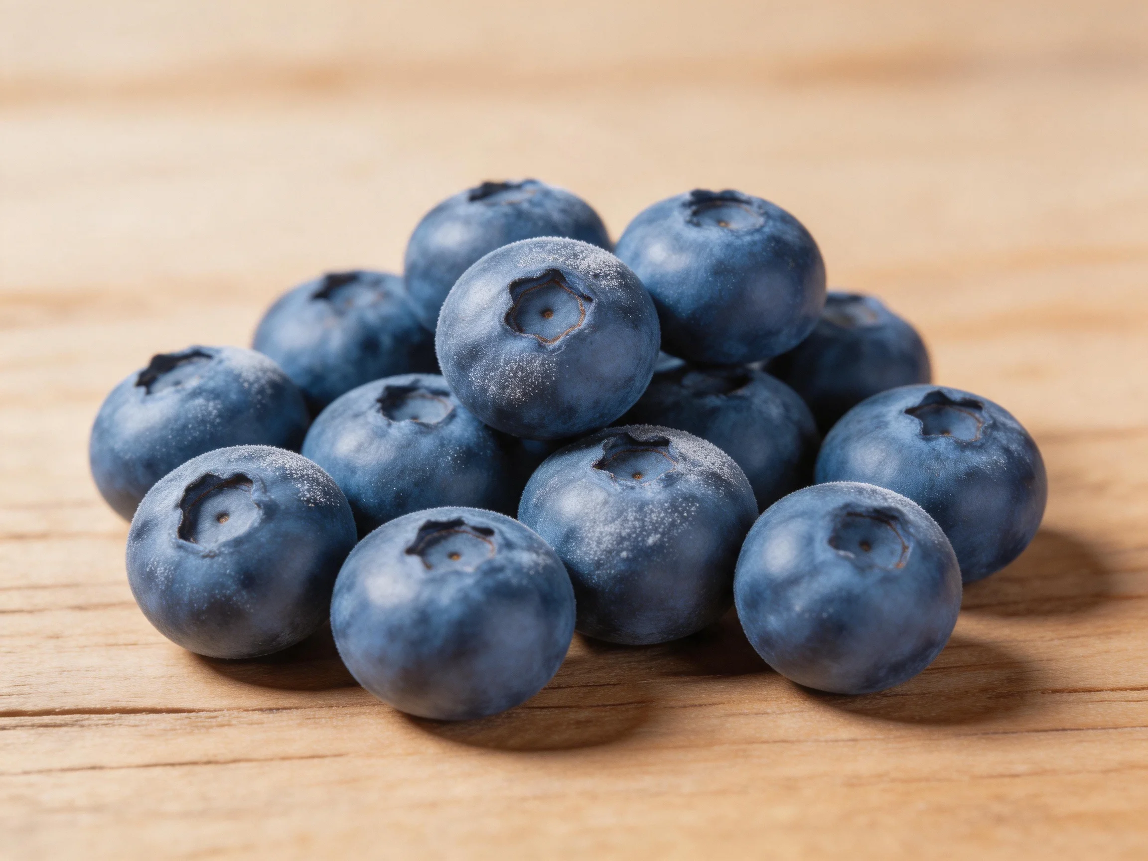 Fresh blueberries clustered on a light wooden surface