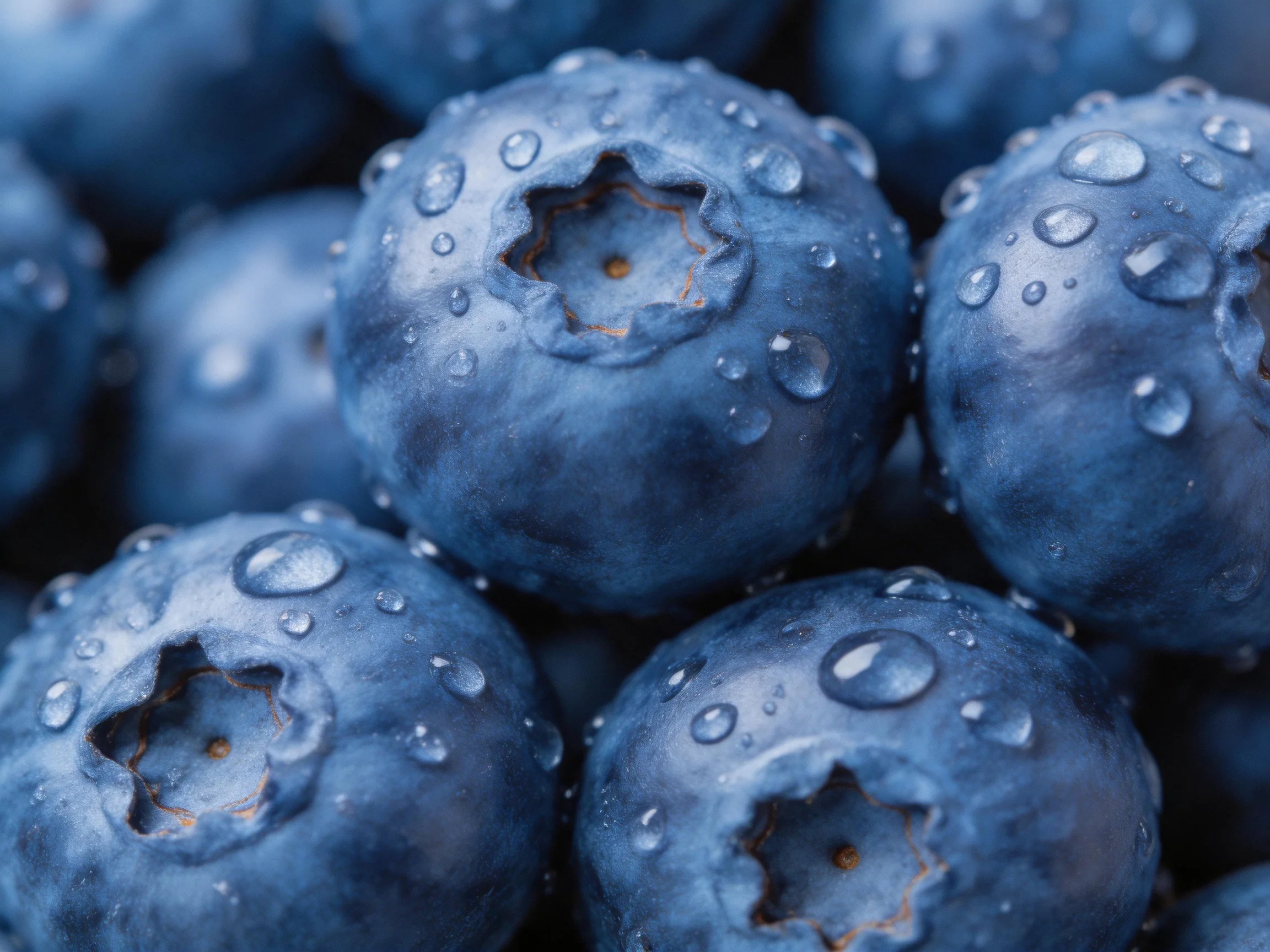 Fresh blueberries clustered with glistening water droplets, deep blue hues