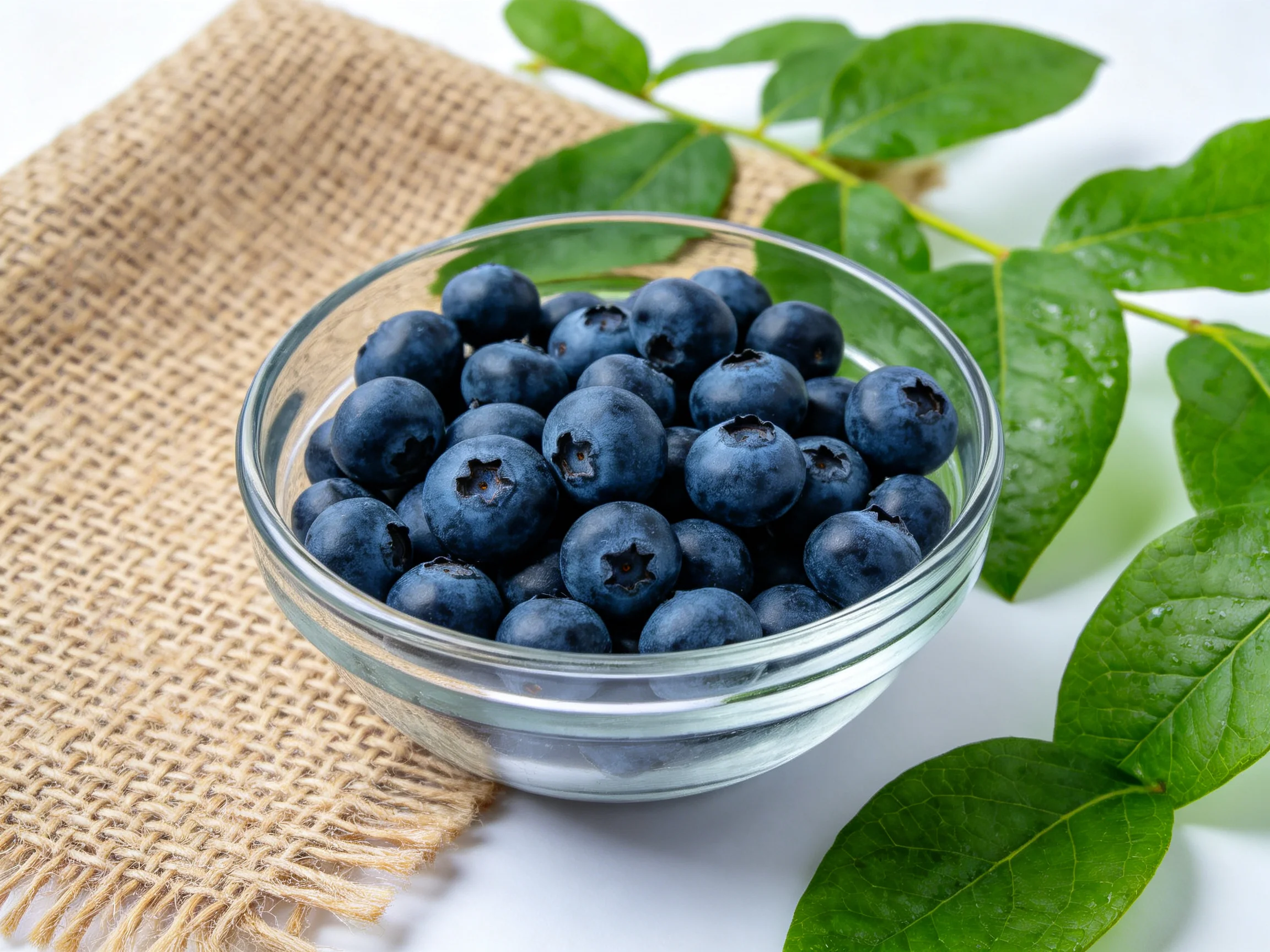 Fresh blueberries in a clear glass bowl beside green leaves and burlap