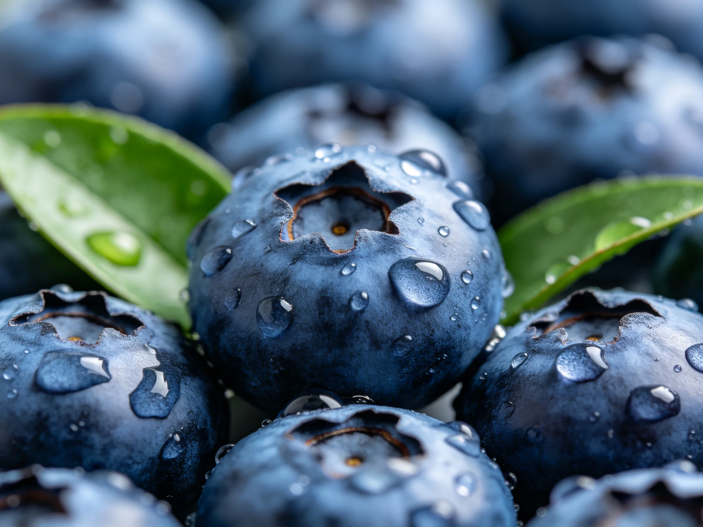 Fresh blueberries with dew drops and vibrant green leaves